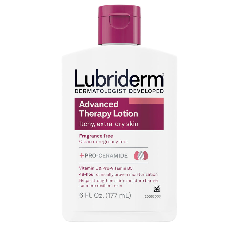 Lubriderm Terapia Avanzada Sin Fragancia, botella visible; hidratación profunda para piel sensible.