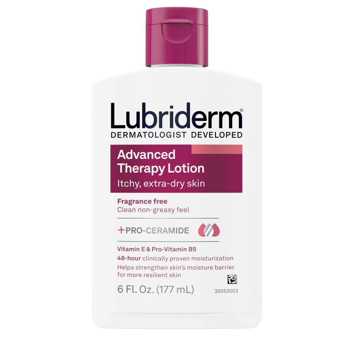 Lubriderm Terapia Avanzada Sin Fragancia, botella visible; hidratación profunda para piel sensible.