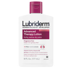 Lubriderm Terapia Avanzada Sin Fragancia, botella visible; hidratación profunda para piel sensible.