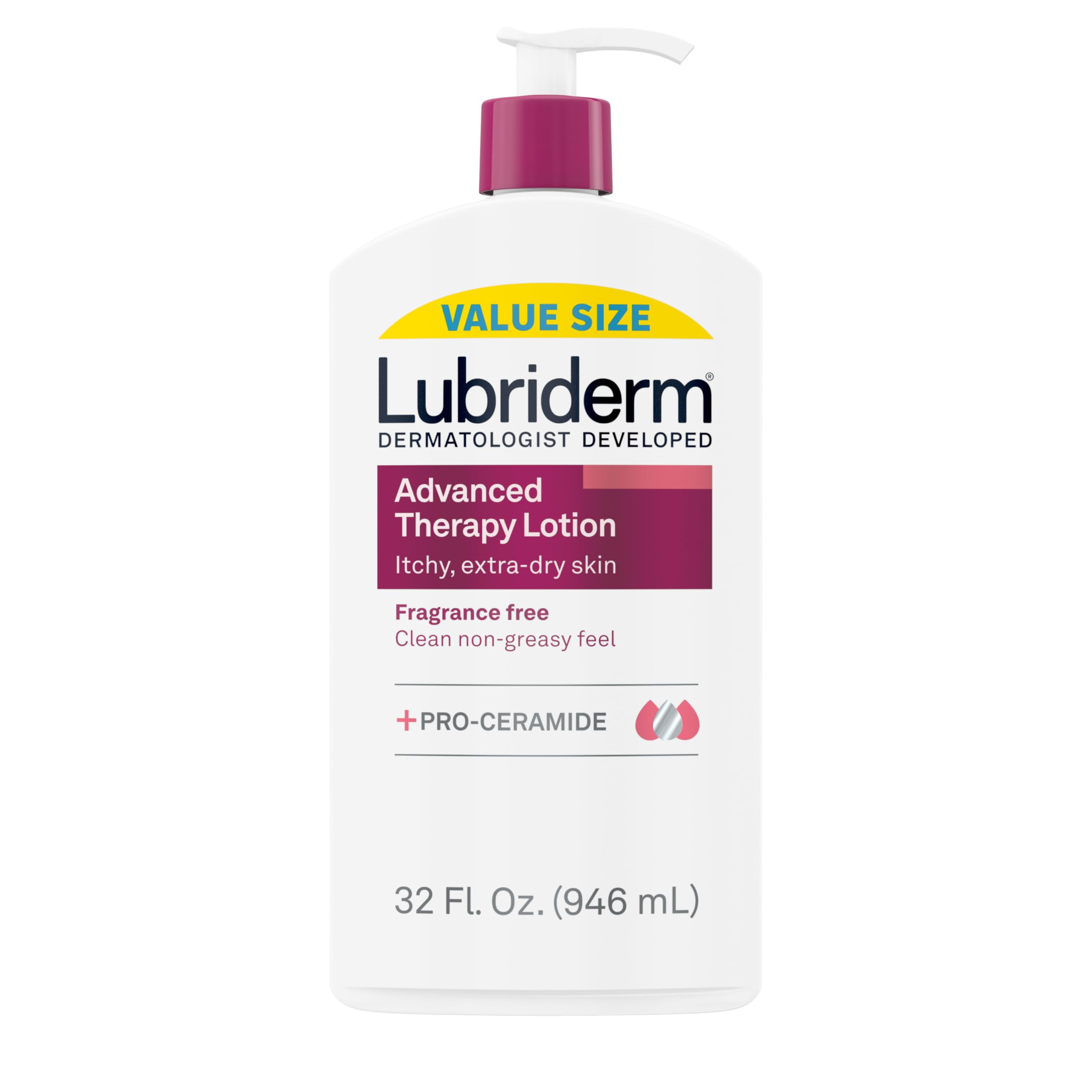 Lubriderm Terapia Avanzada sin fragancia, botella 32 onzas, uso diario en piel sensible.