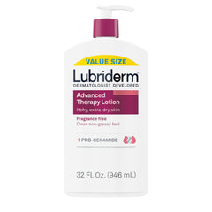 Lubriderm Terapia Avanzada sin fragancia, botella 32 onzas, uso diario en piel sensible.