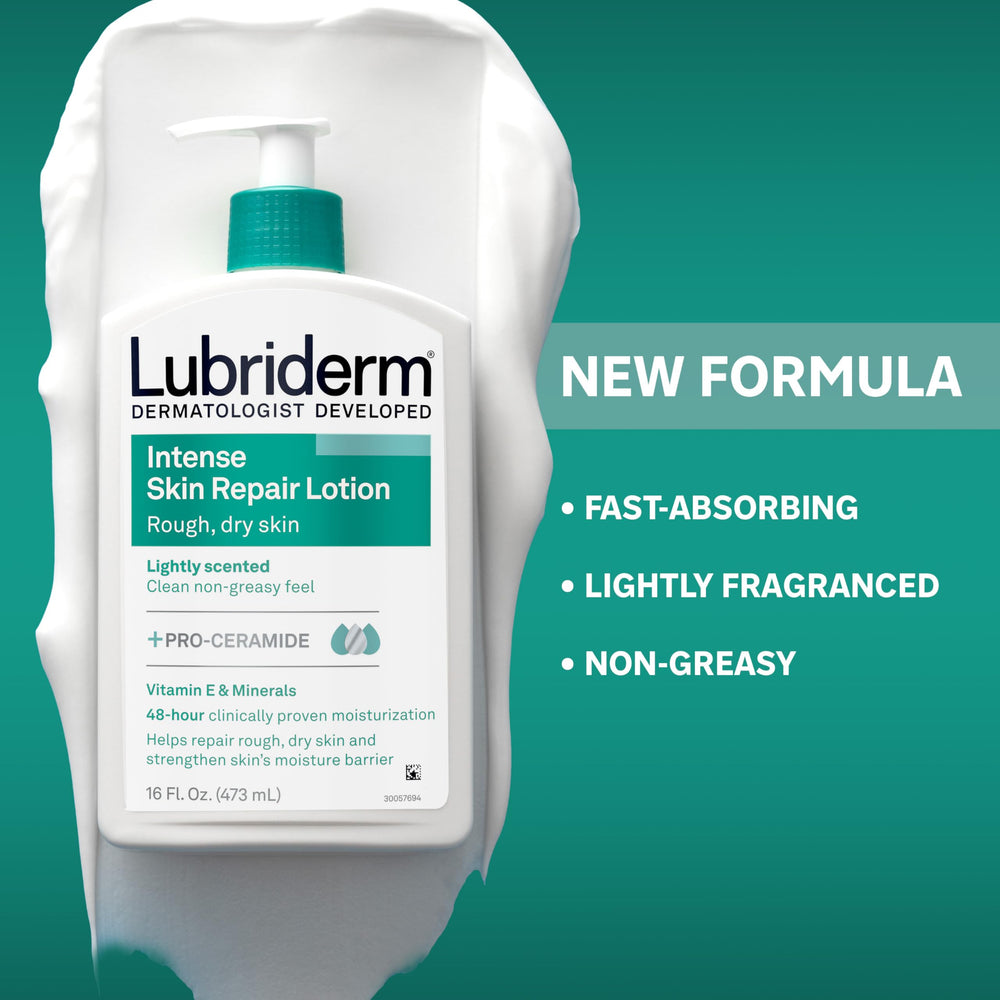 Lubriderm Vitamin E and Pro-Vitamin B5 ingredients visible for skin nourishment.