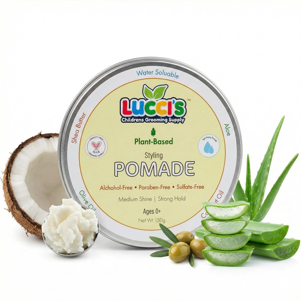 Gel Lucci’s para cabello de bebé, envase de 5 oz, fijación media y seguro.