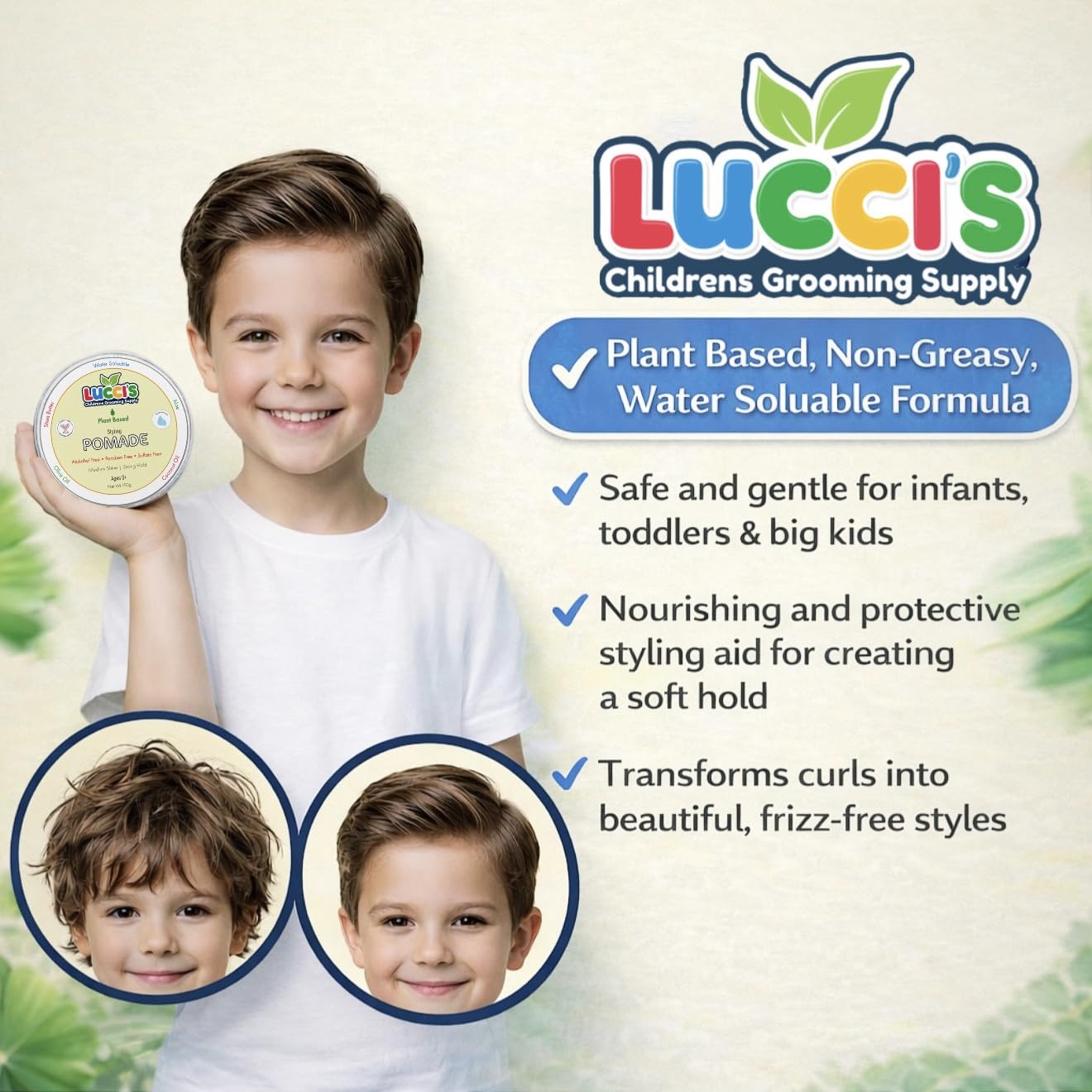 Ingredientes vegetales de Lucci’s: coco, oliva, karité y aloe para cuidado suave.