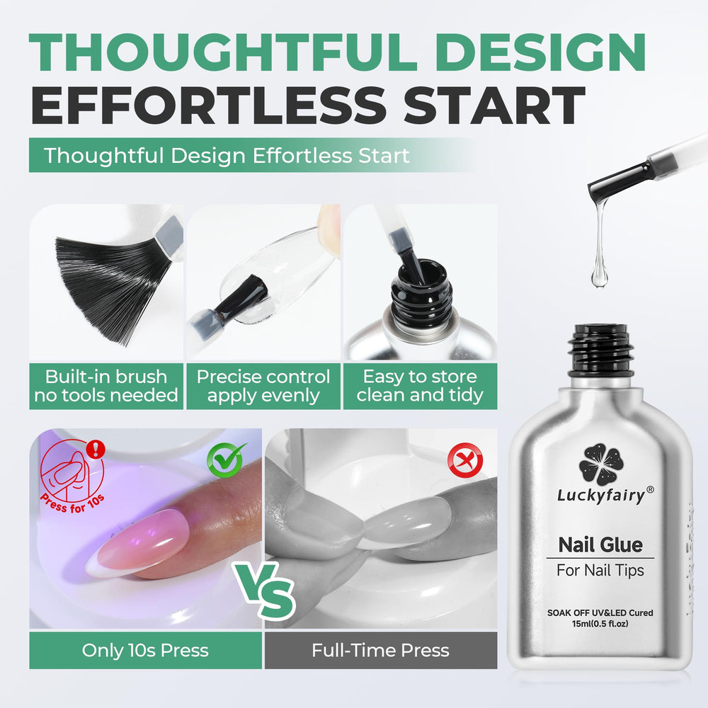 Luckyfairy clear nail glue with crystal clarity for natural-looking nails.