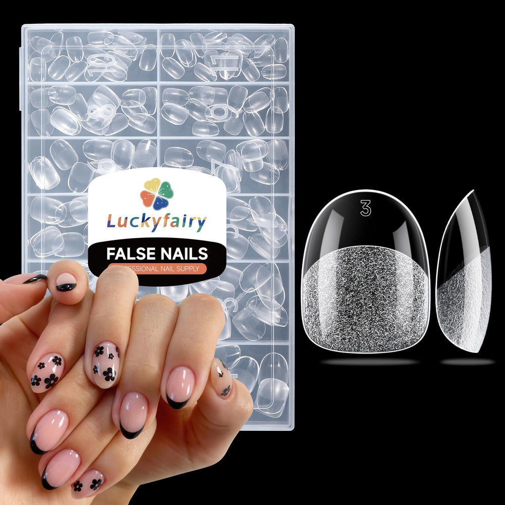 Luckyfairy extra short oval nail tips with half matte texture for easy DIY manicures.