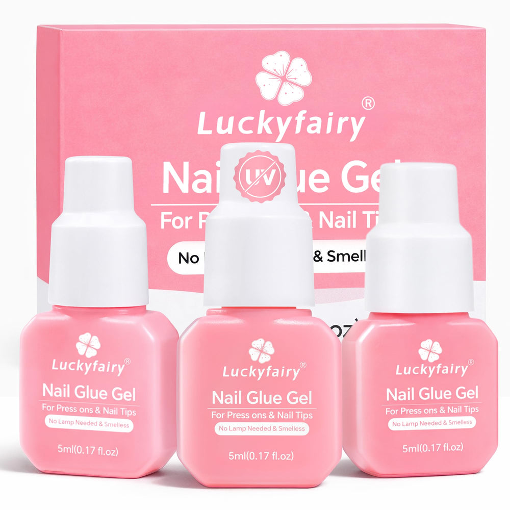 Luckyfairy gel nail glue for press-on nails with easy application and secure adhesion.