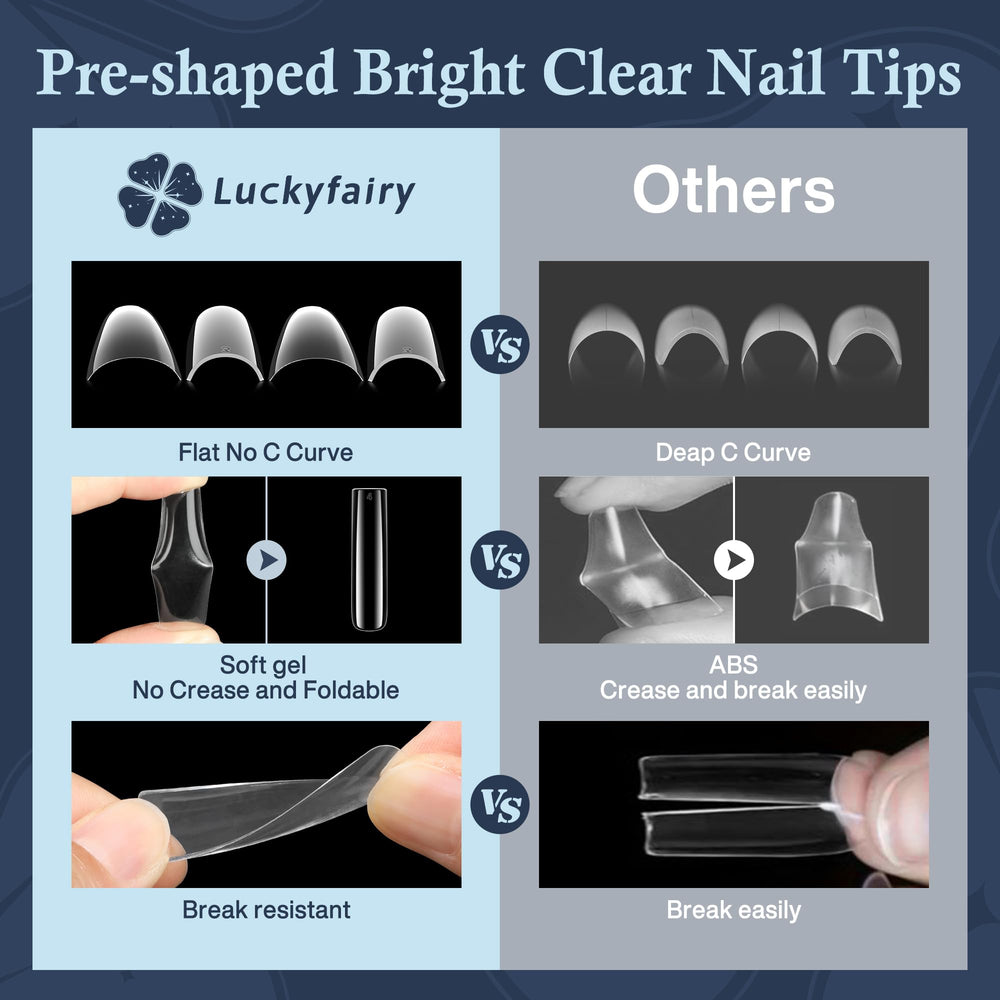Luckyfairy nail tips for coffin, ballerina, almond, and stiletto shapes when trimmed.