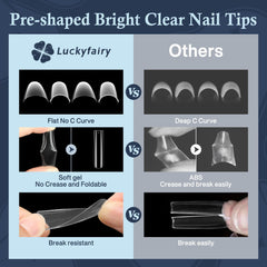 Luckyfairy nail tips for coffin, ballerina, almond, and stiletto shapes when trimmed.