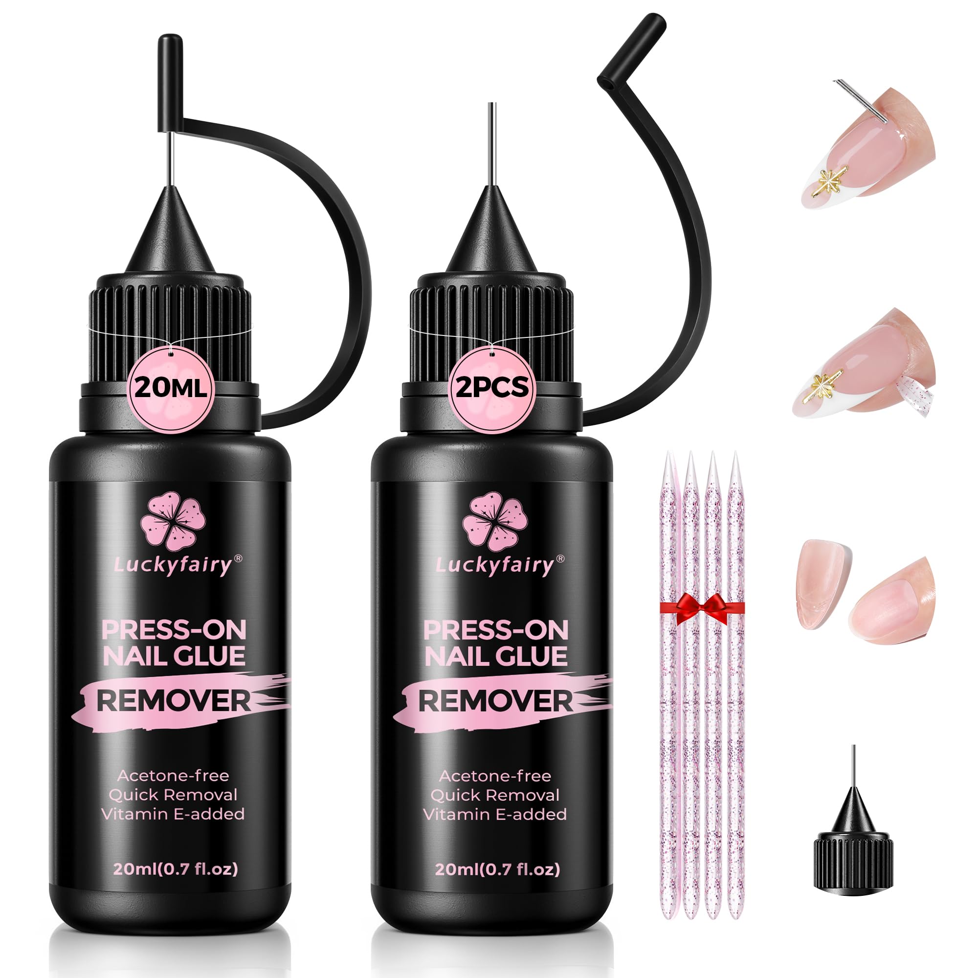 Luckyfairy Pinpoint Press-On Nail Remover 20ml bottle closeup for easy at-home removal.