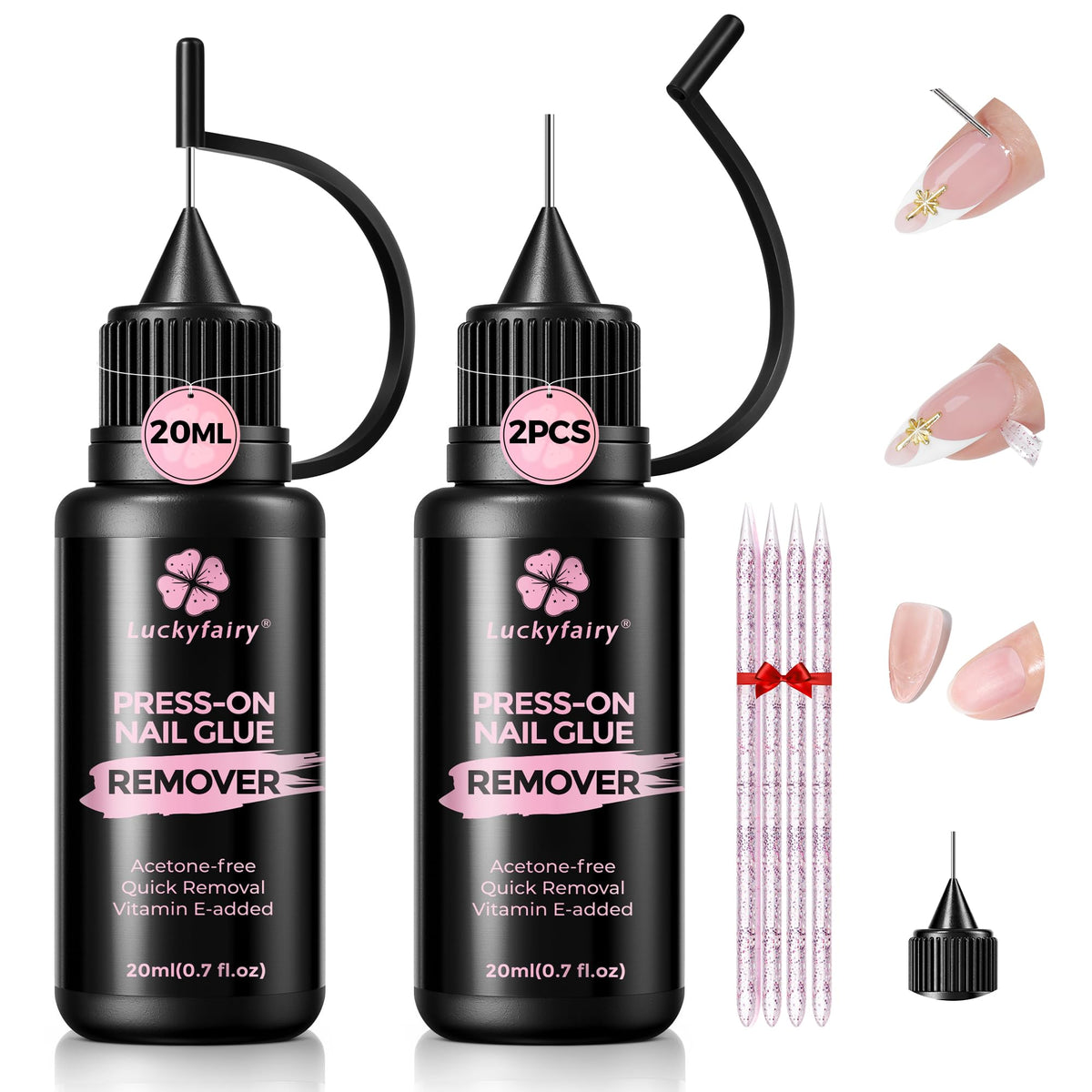 Luckyfairy Pinpoint Press-On Nail Remover 20ml bottle closeup for easy at-home removal.