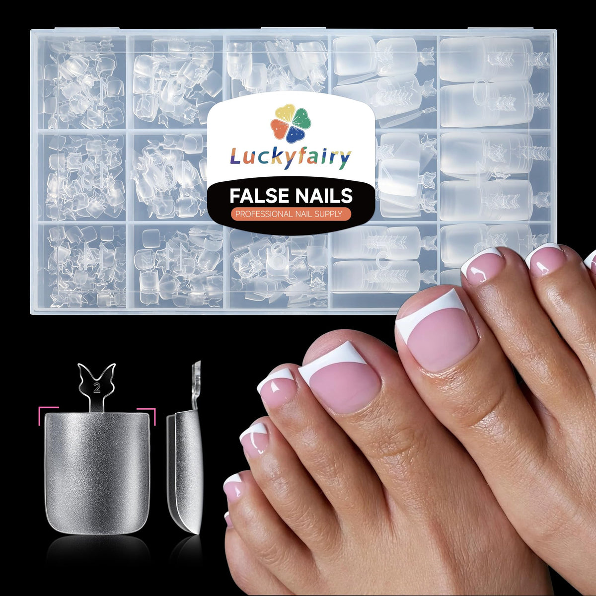 Luckyfairy square toe nail tips close-up showing clear tips for strong adhesion and neat extensions.