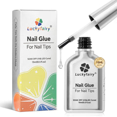 Luckyfairy super strong nail glue bottle with 15ml capacity for long-lasting DIY nails.