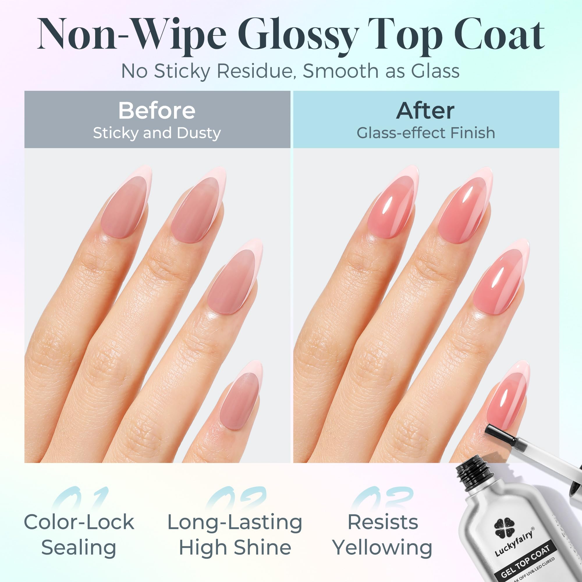 Luckyfairy top coat diamond shine bottle provides long-lasting gloss.