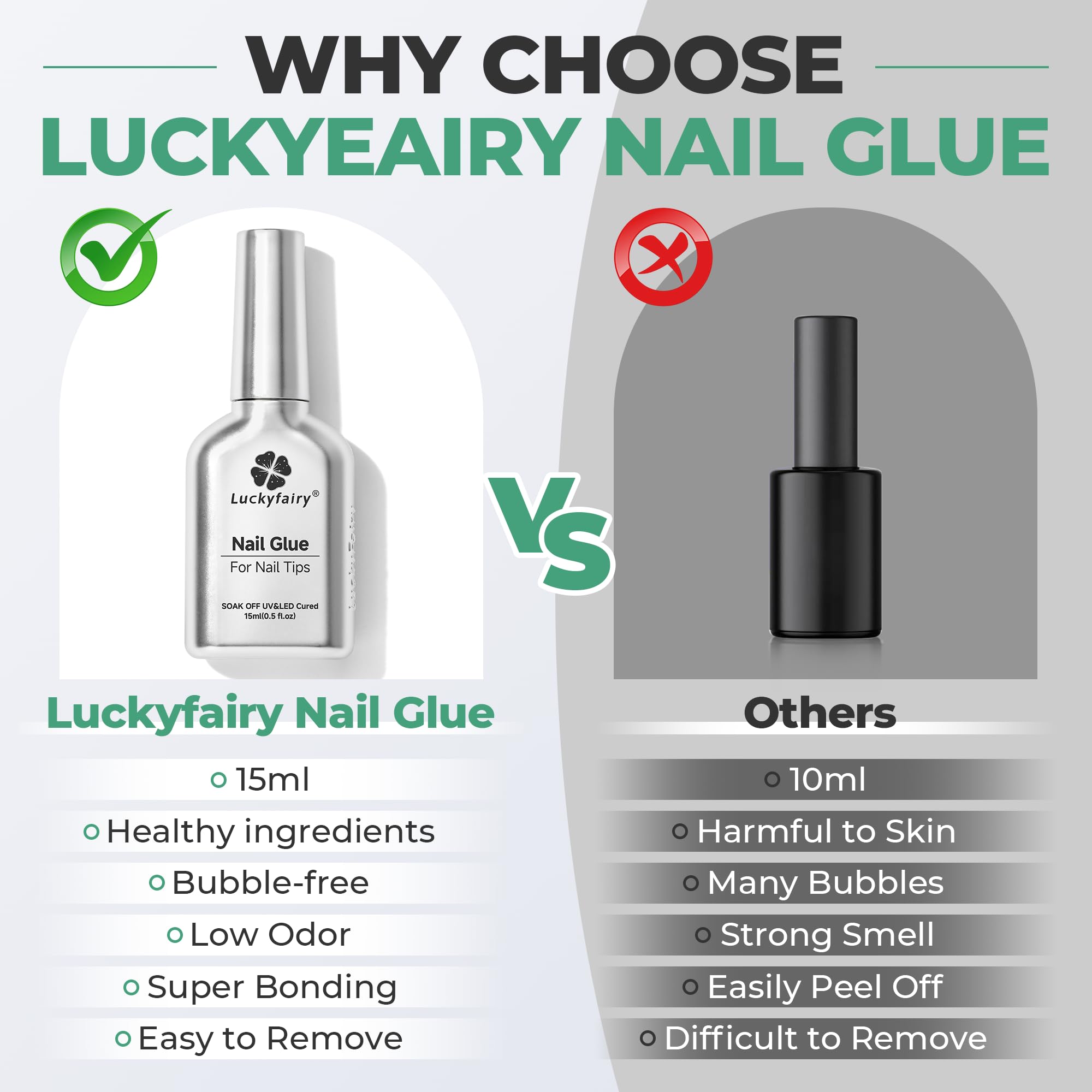 Luckyfairy UV-curing nail glue compatible with soak-off gel polishes.
