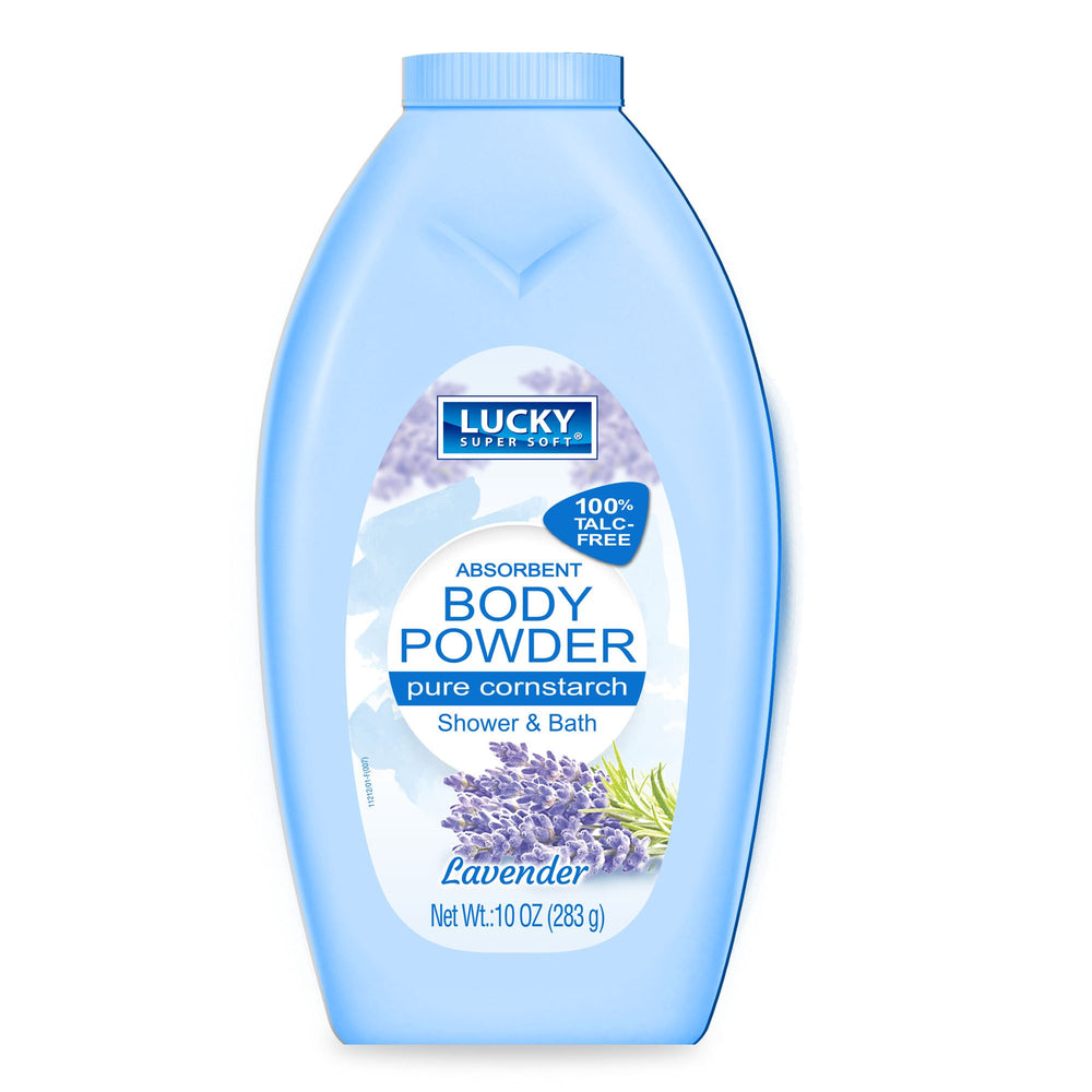 Lucky Super Soft Polvo de maicena para cuerpo con lavanda, ideal para uso diario suave.