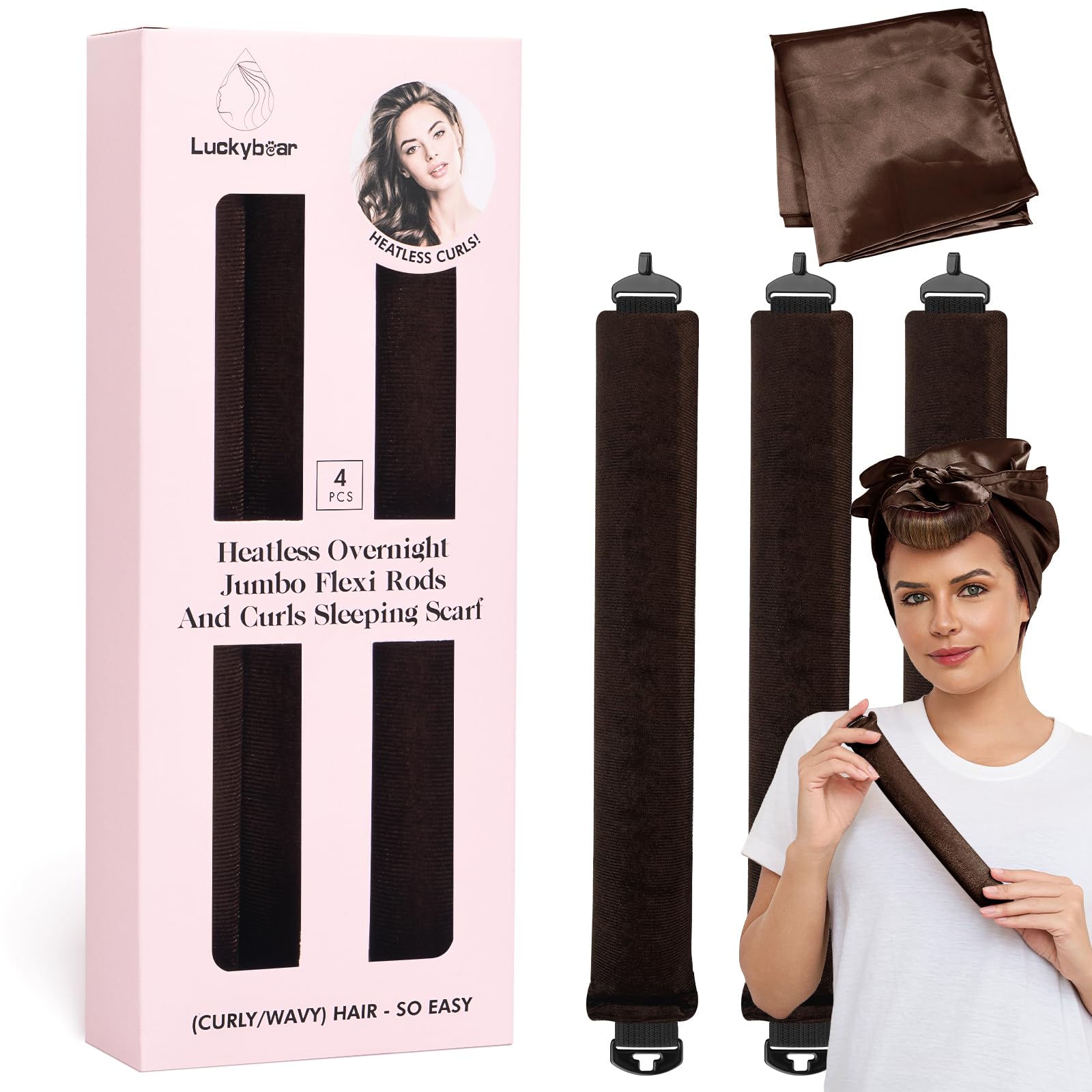 Luckybear heatless curls overnight rods jumbo set packaging showing the four-piece kit for no-heat styling