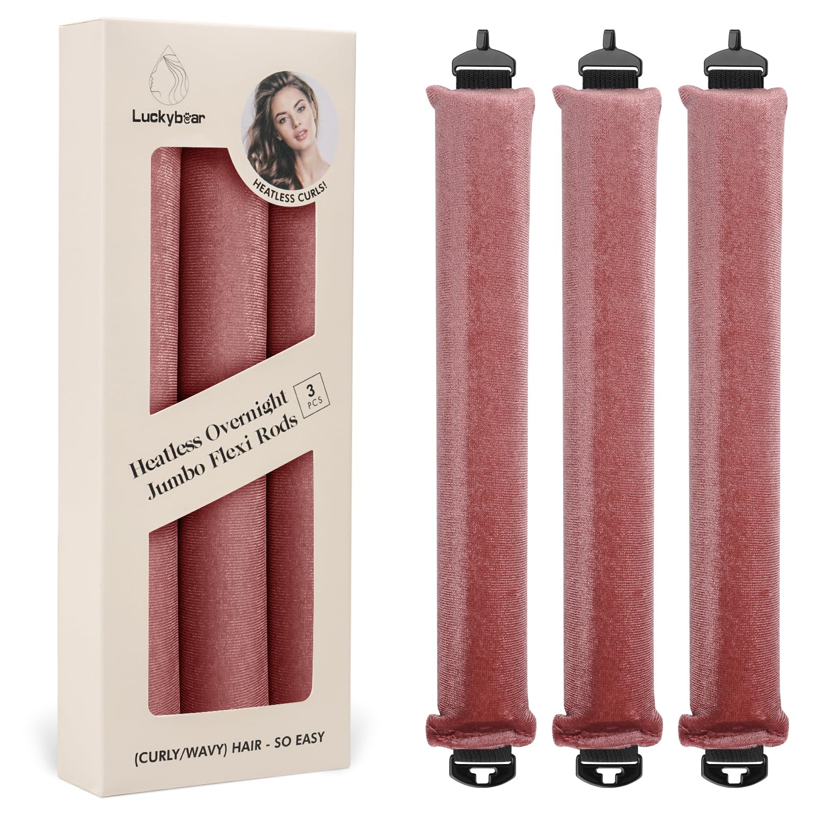 Luckybear heatless hair curlers dark pink satin close-up for gentle overnight curls.