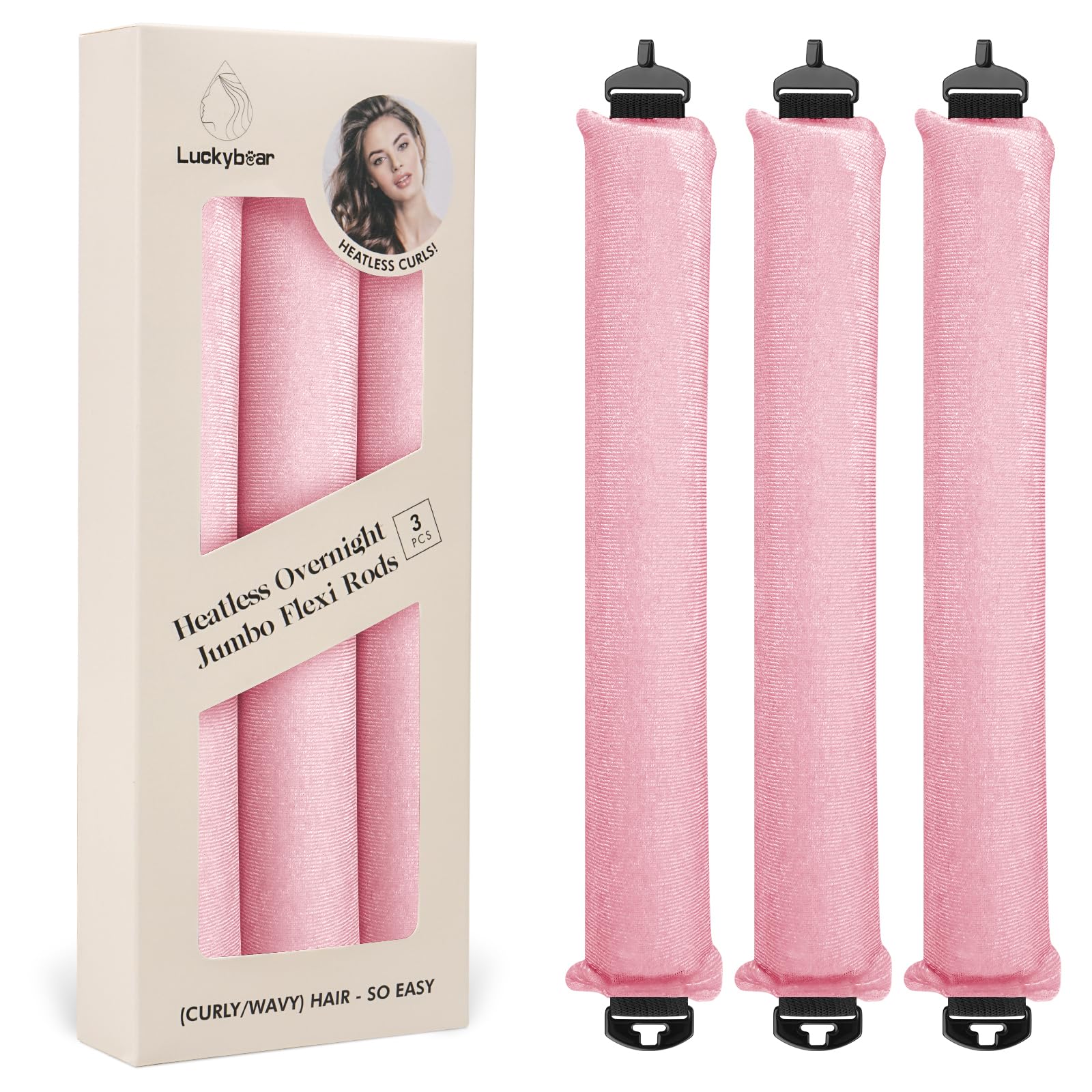 Luckybear jumbo heatless curler set with pink satin rods for overnight curls