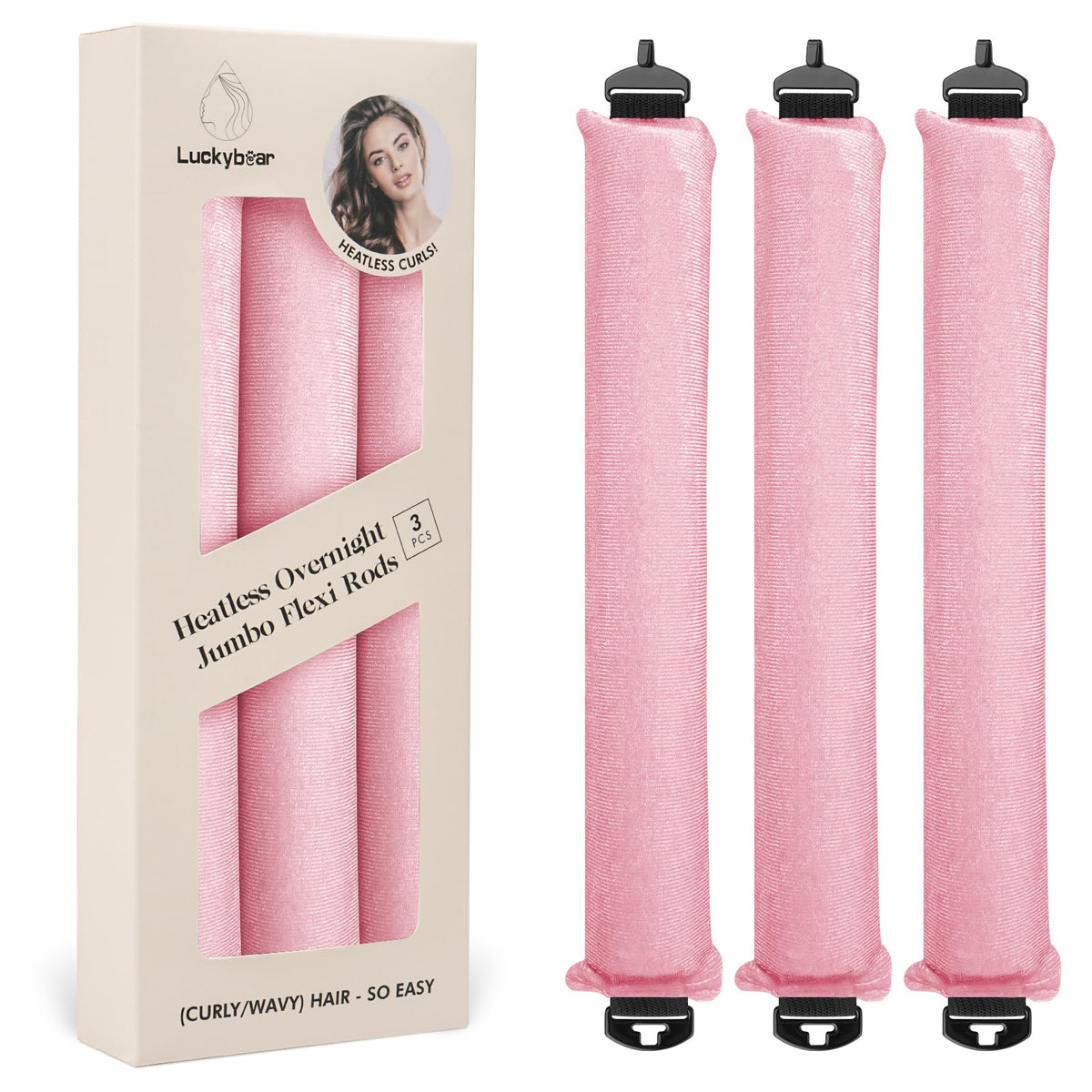 Luckybear jumbo heatless curler set with pink satin rods for overnight curls