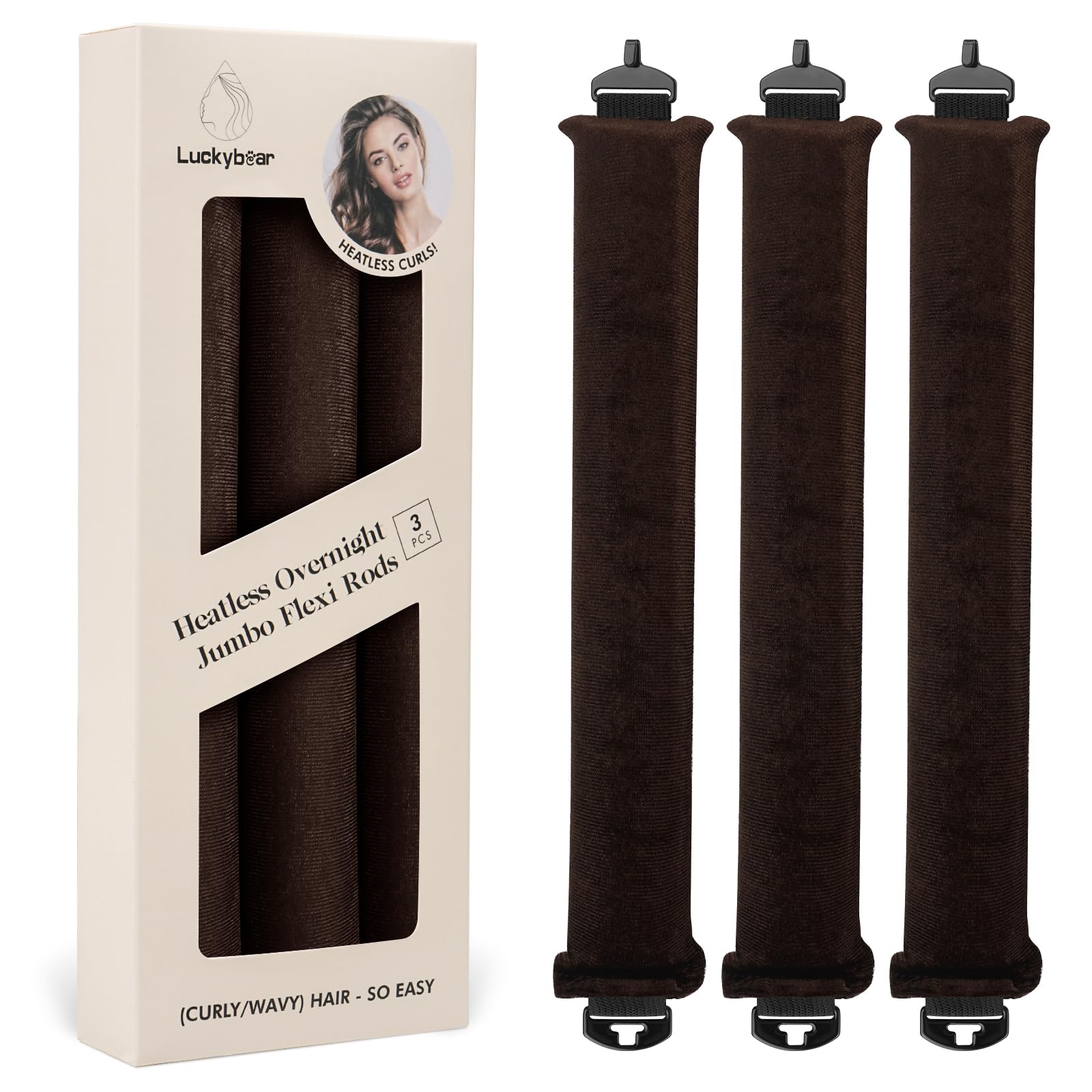 Luckybear overnight heatless curler pack with jumbo flexi rods for all hair types and night use.