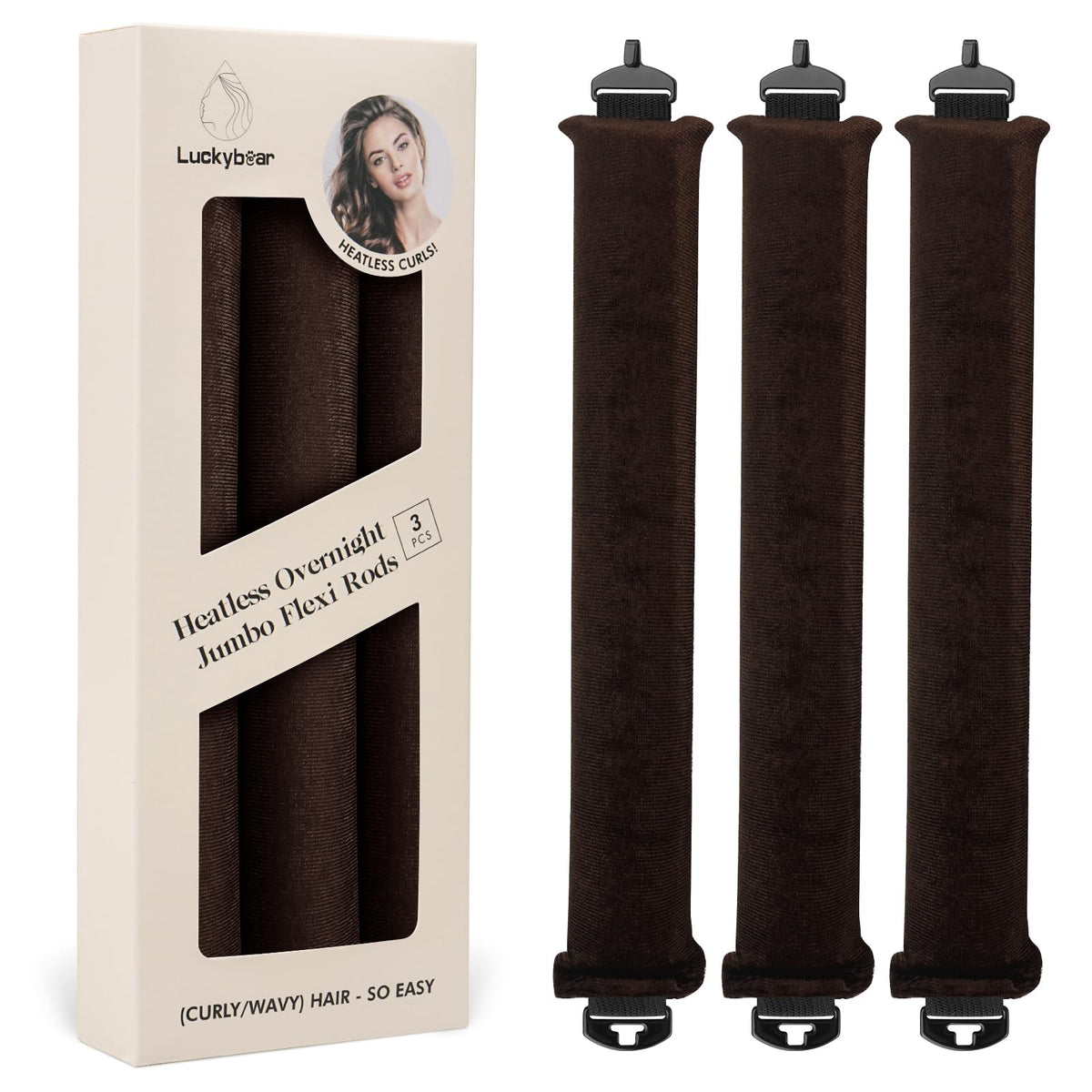 Luckybear overnight heatless curler pack with jumbo flexi rods for all hair types and night use.