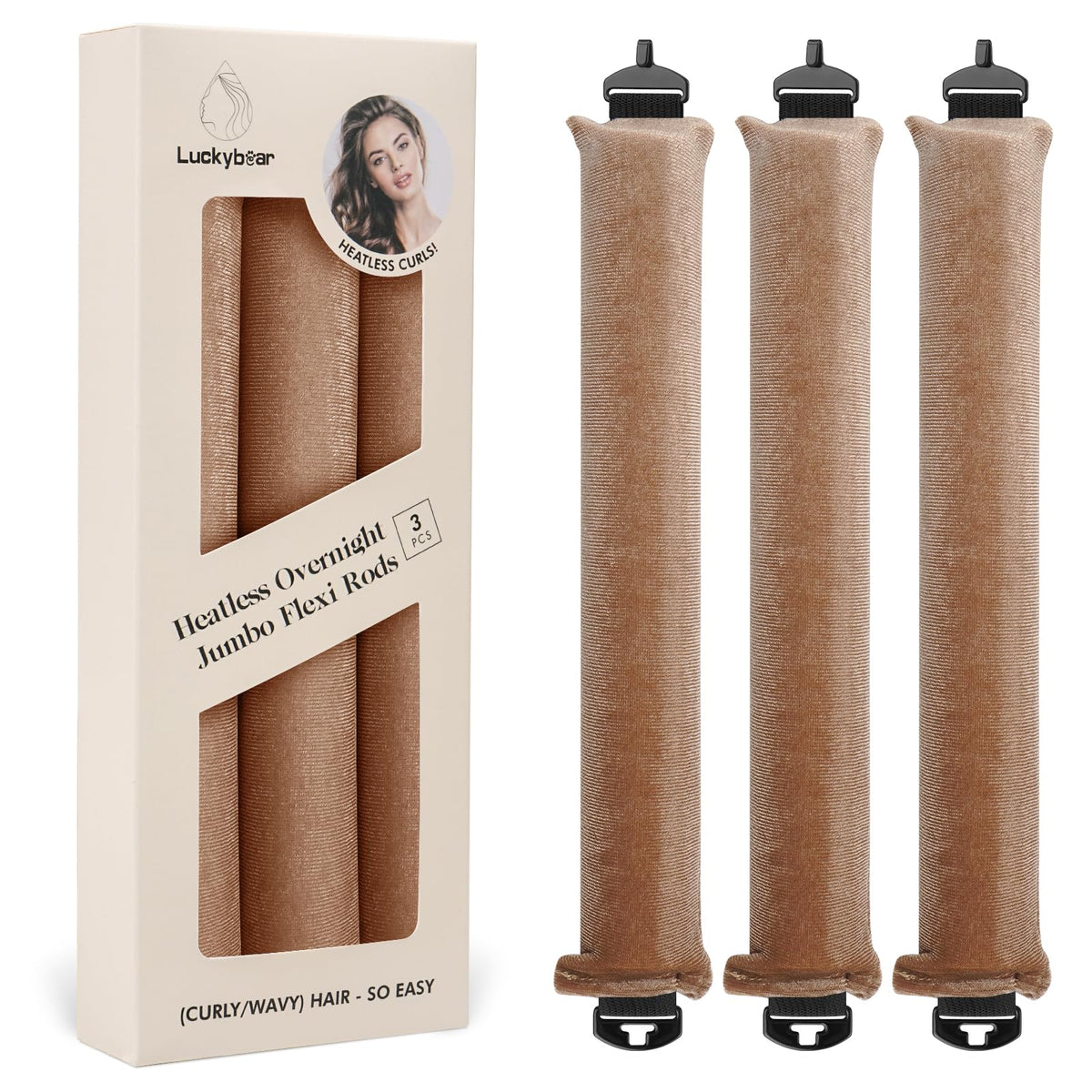 Luckybear overnight heatless rod in khaki set keeps curls overnight without heat.