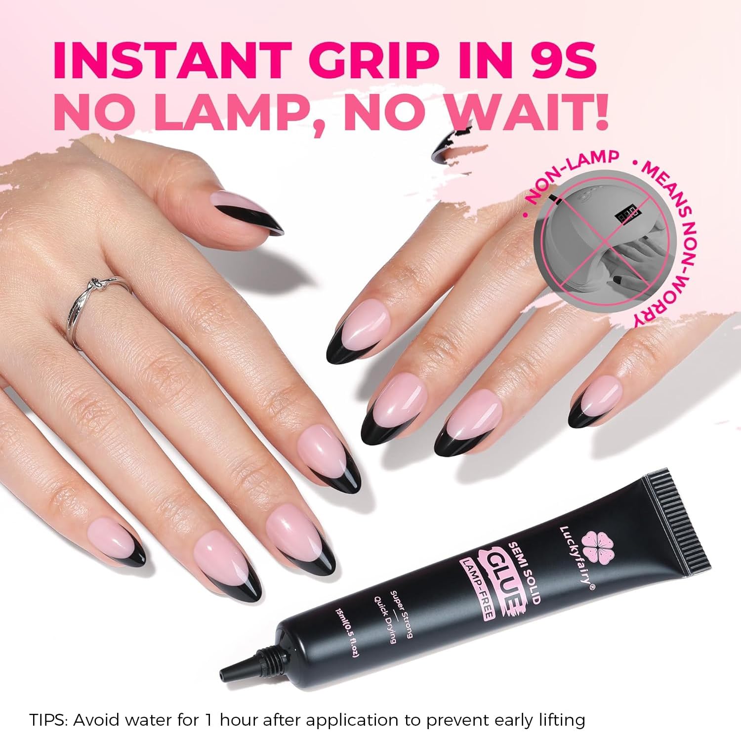 Luckyfairy 4in1 semi-solid nail glue for versatile nail tips and art.