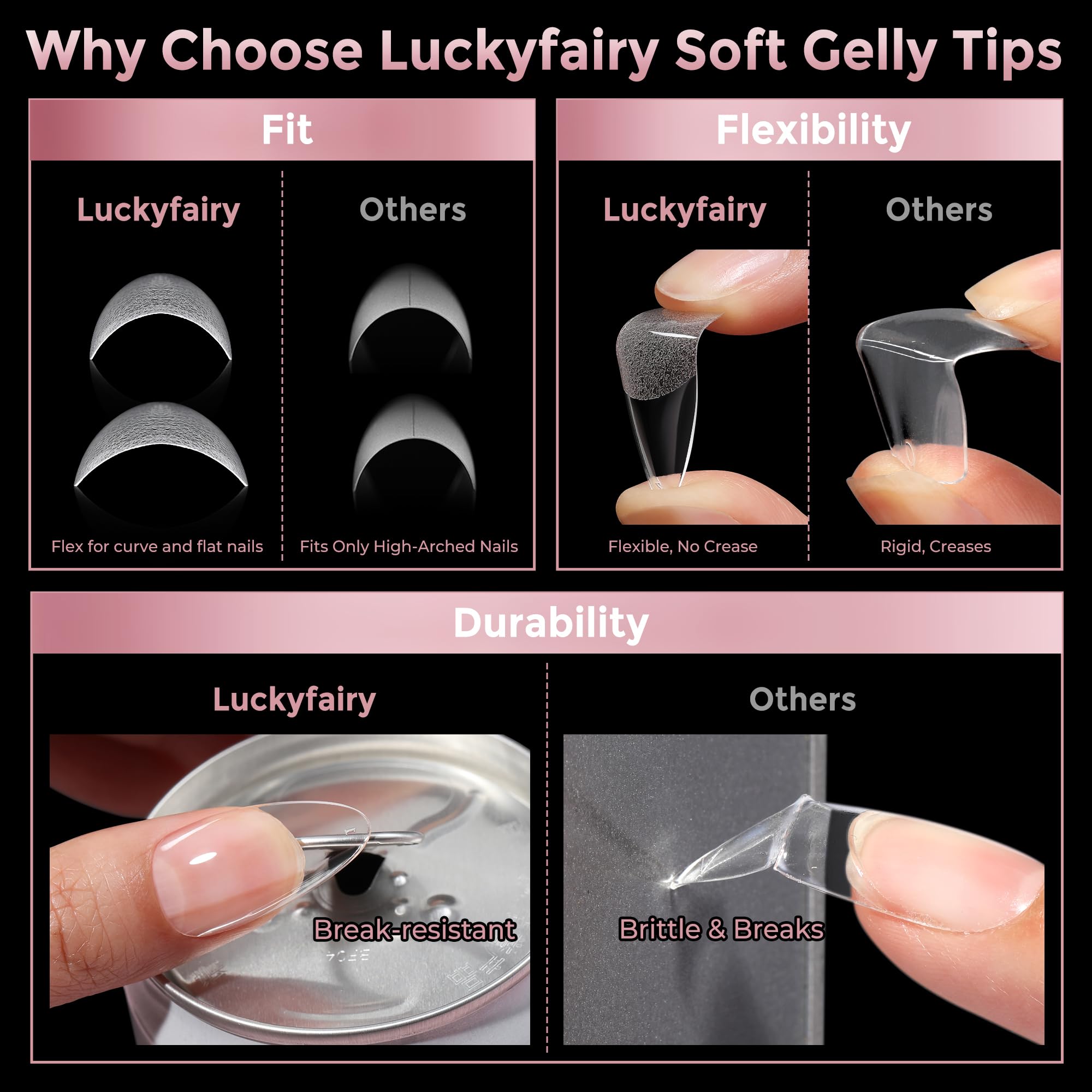 Luckyfairy clear gel tips enable easy pressing, trimming, and painting at home.