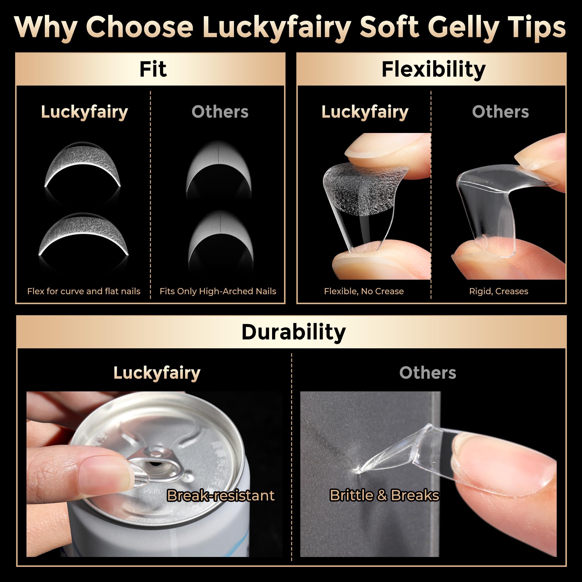 Luckyfairy matte-finish tips reduce glare for natural looks.
