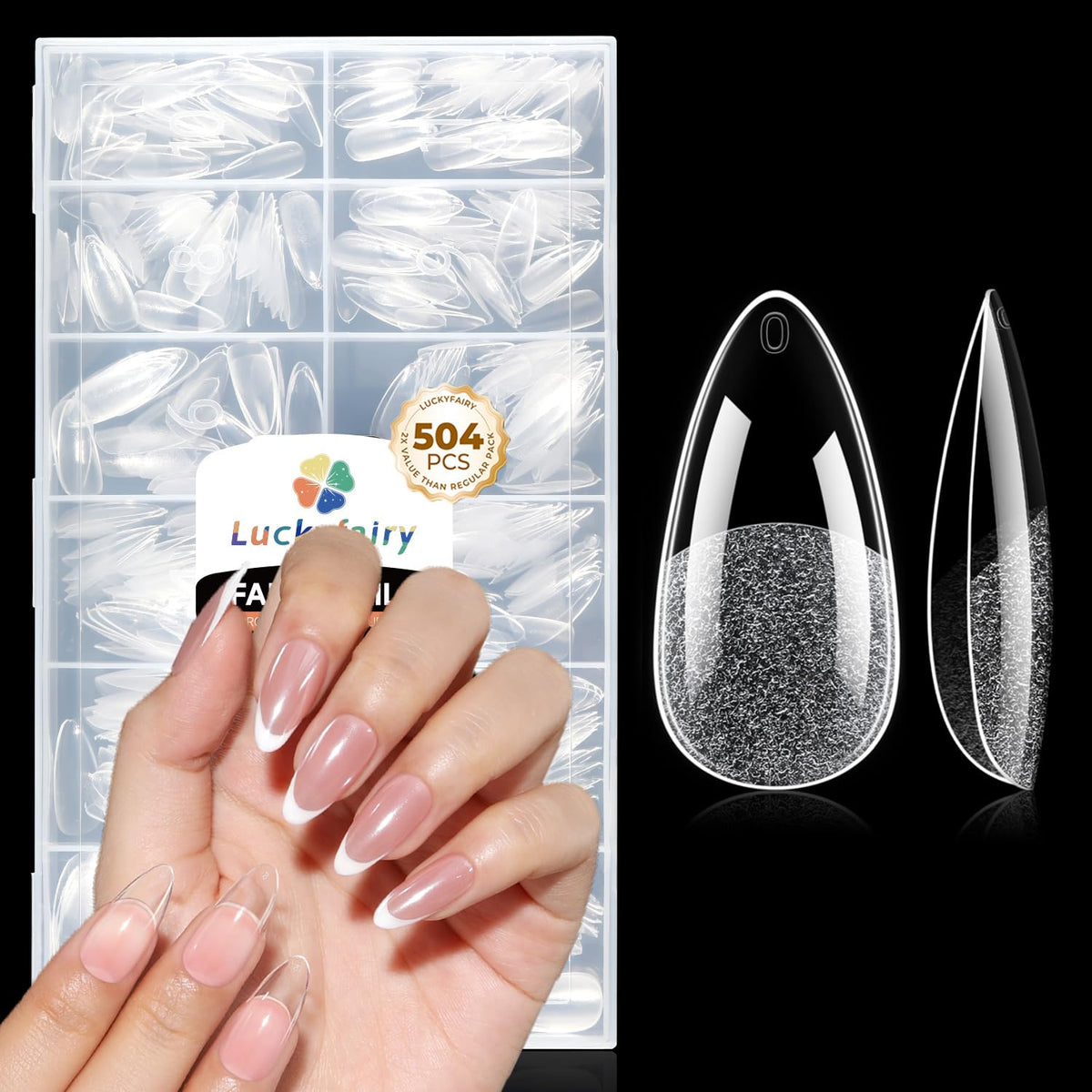 Luckyfairy medium almond tips 504-piece pack for precise at-home nail extensions