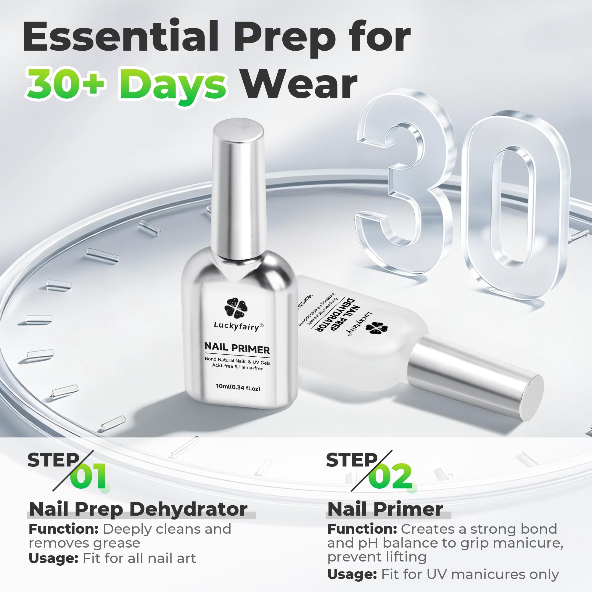 Luckyfairy Nail Primer bottle showing acid-free formula for strong bonding.