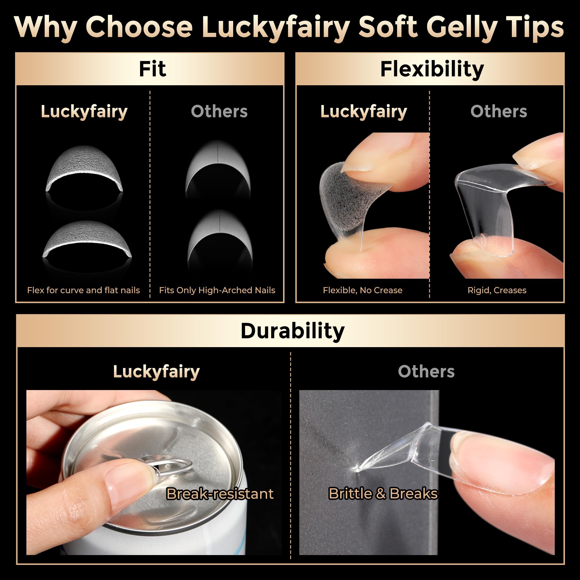 Luckyfairy nail tips front and back views showing pre-shaped design for convenience.