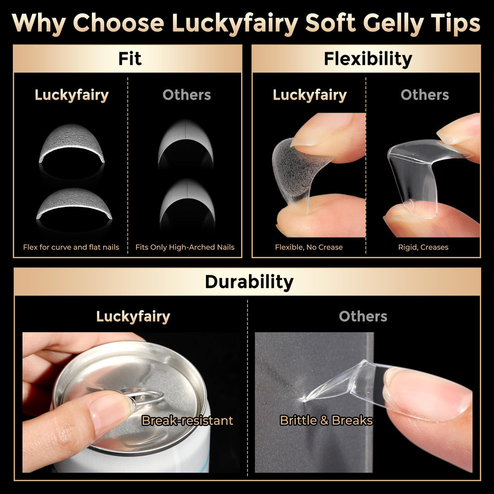 Luckyfairy nail tips front and back views showing pre-shaped design for convenience.
