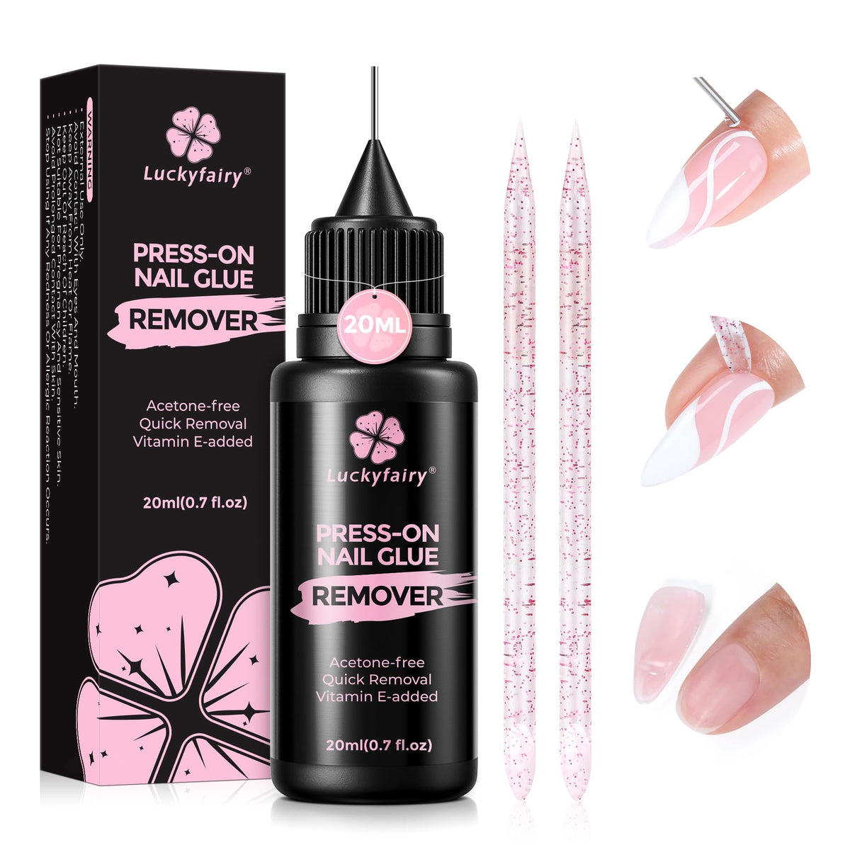 Luckyfairy Pinpoint Nail Glue Remover bottle with precise application for residue-free removal