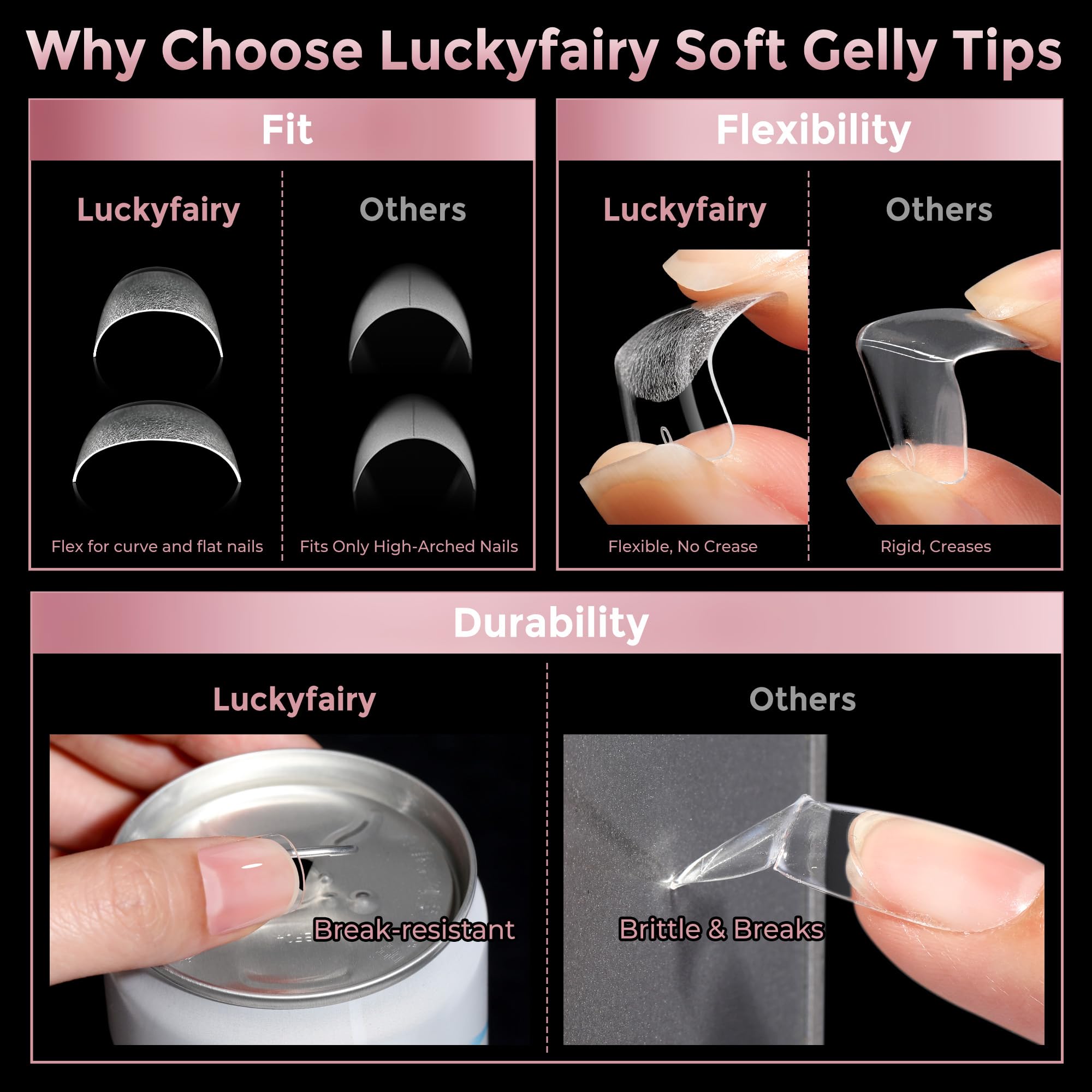 Luckyfairy pre-shaped tips in use for quick home manicure.