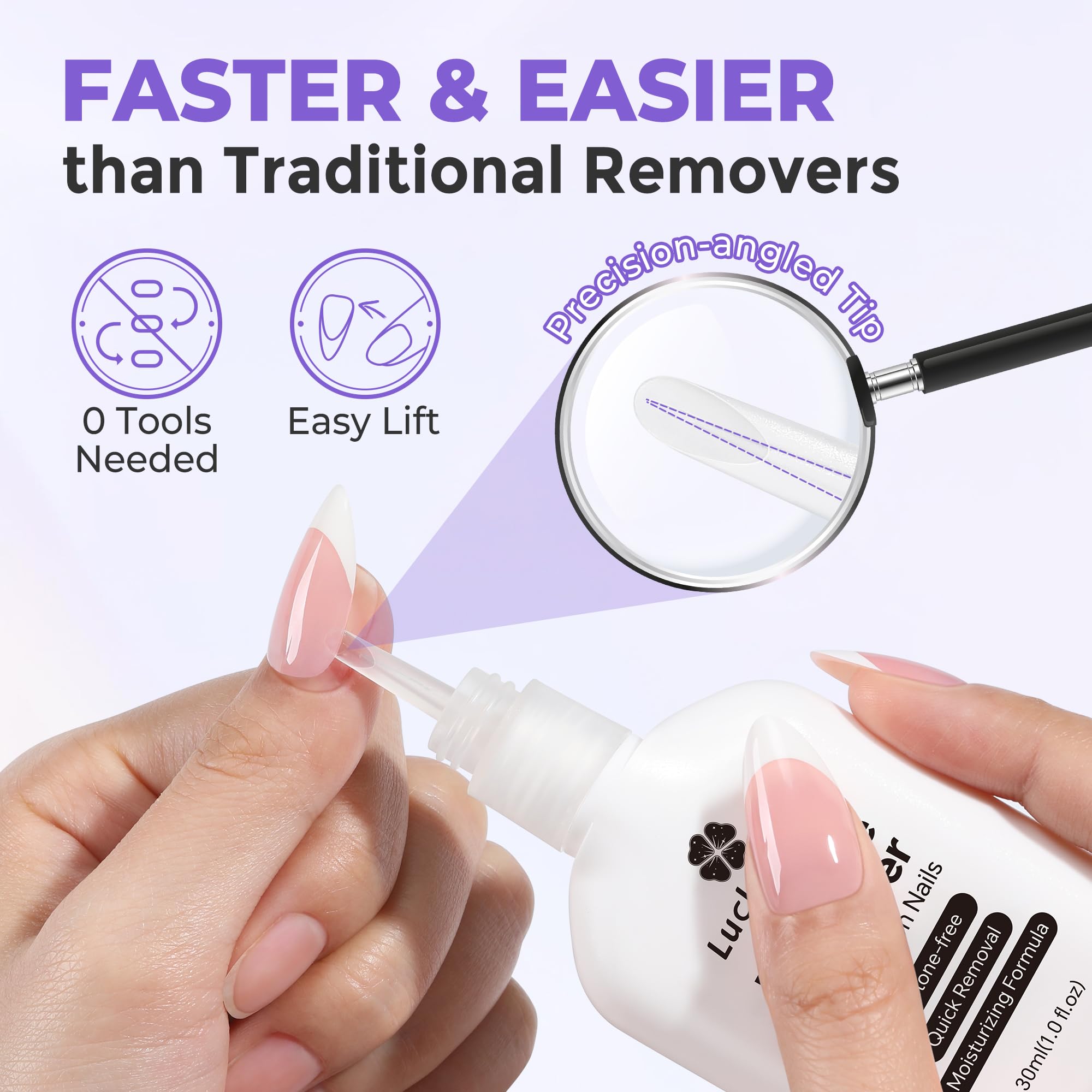 Luckyfairy precision-angle tip targets glue precisely for removal.
