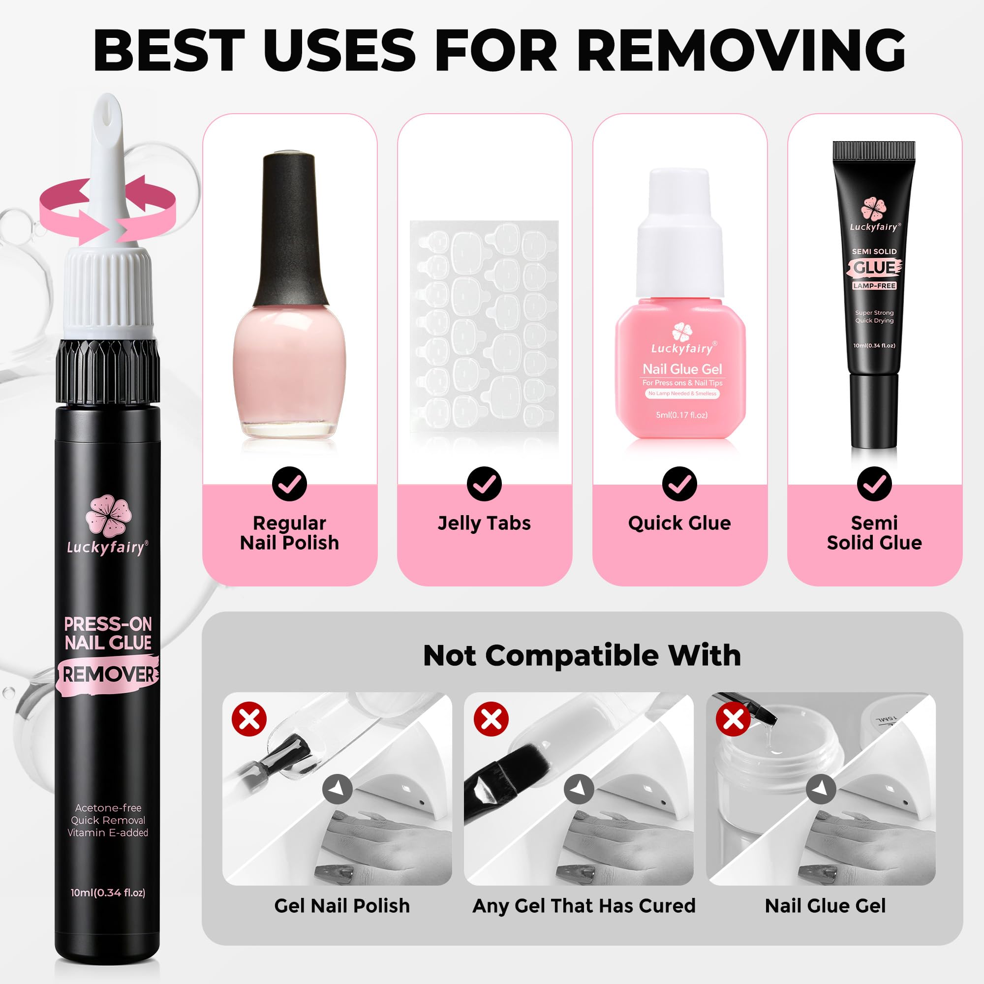 Luckyfairy remover suave, textura ligera facilita retirar arte de uñas sin resecar.
