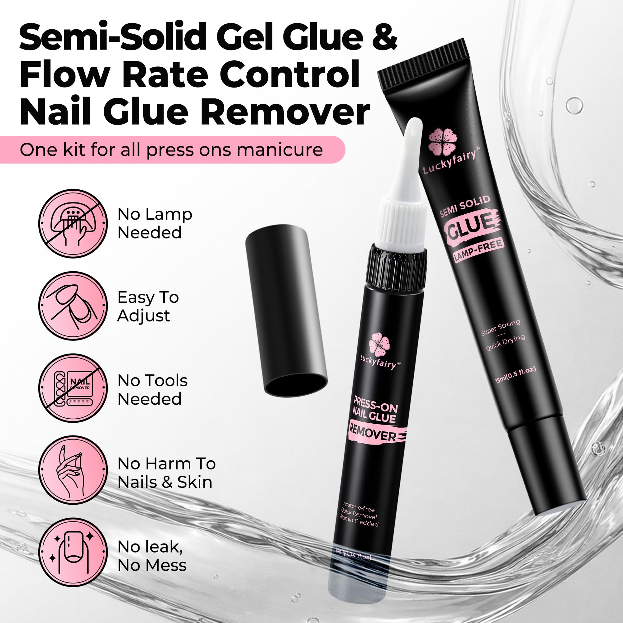 Luckyfairy removedor uñas 10ml, remoción suave sin acetona para uñas saludables.
