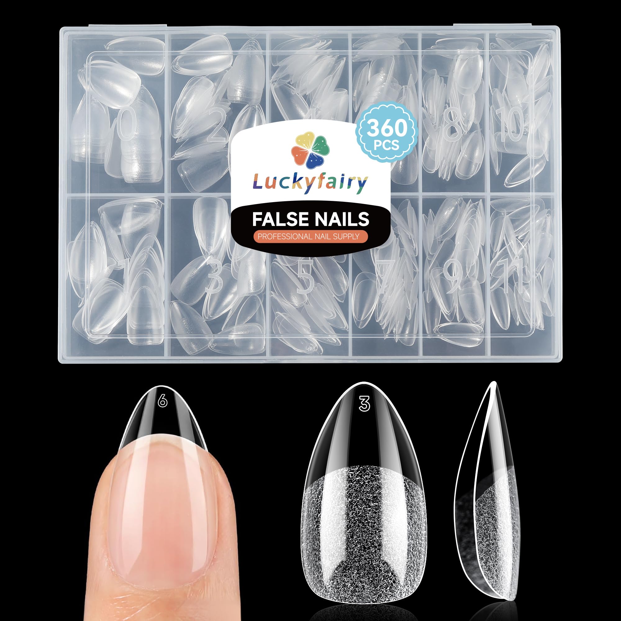Luckyfairy short almond nail tips showcasing 360pcs for natural, even coverage.