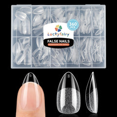 Luckyfairy short almond nail tips showcasing 360pcs for natural, even coverage.