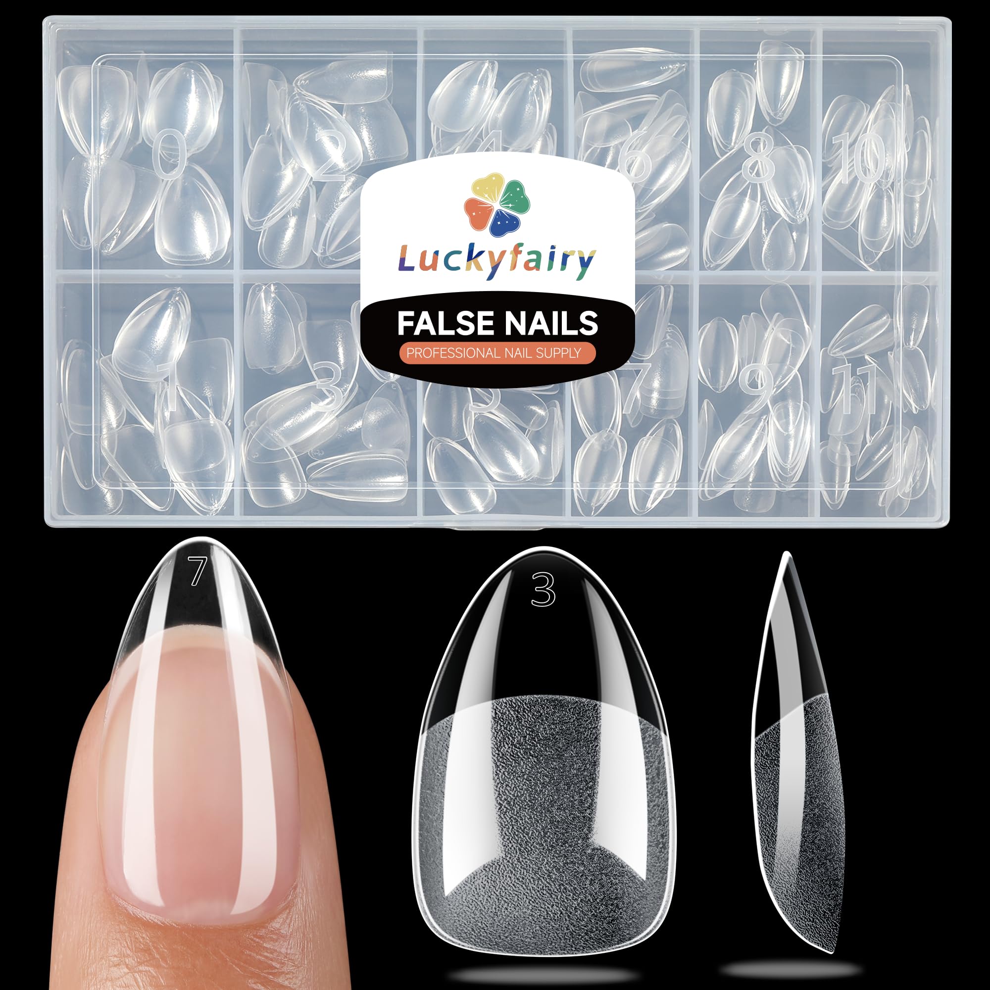 Luckyfairy short almond tips, 240pcs, front view for precise DIY nail extensions.