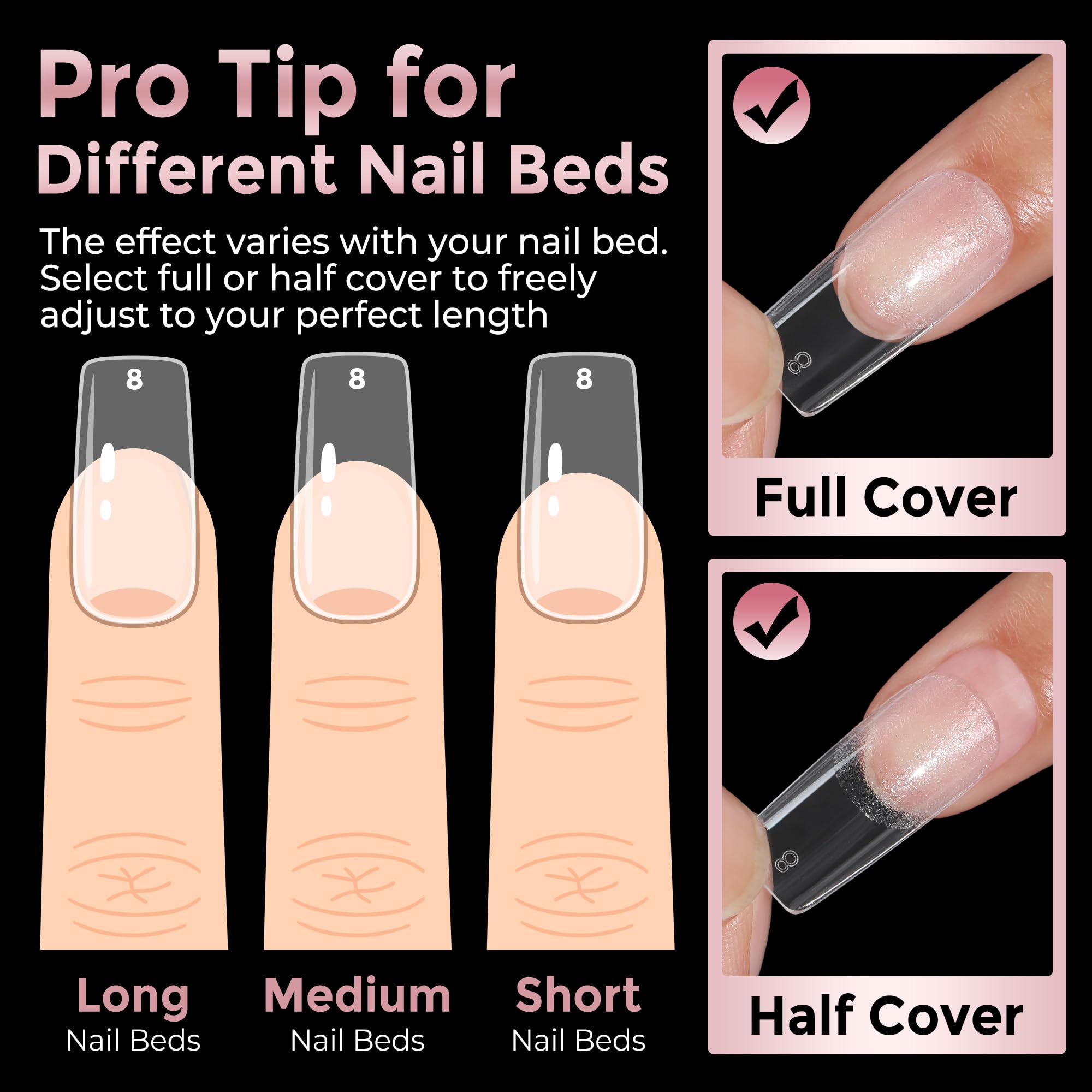 Luckyfairy soft gel tips compatible with gel polish, acrylic, and dip powders.