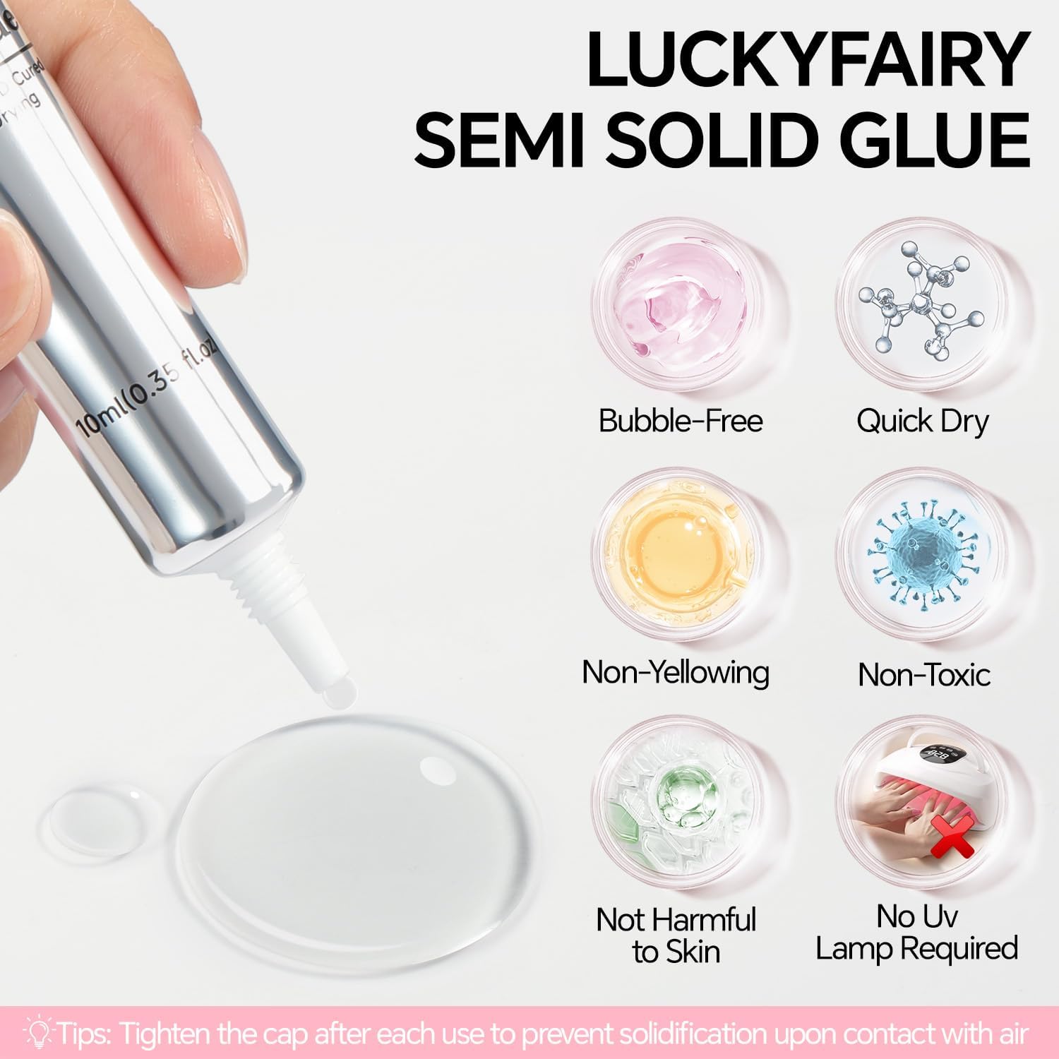 Luckyfairy solid nail glue 10g precision tip minimizes drips and clogs.
