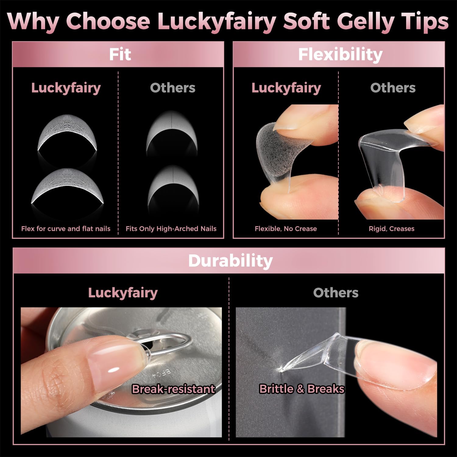 Luckyfairy tips with strong adhesion when used with compatible glue.