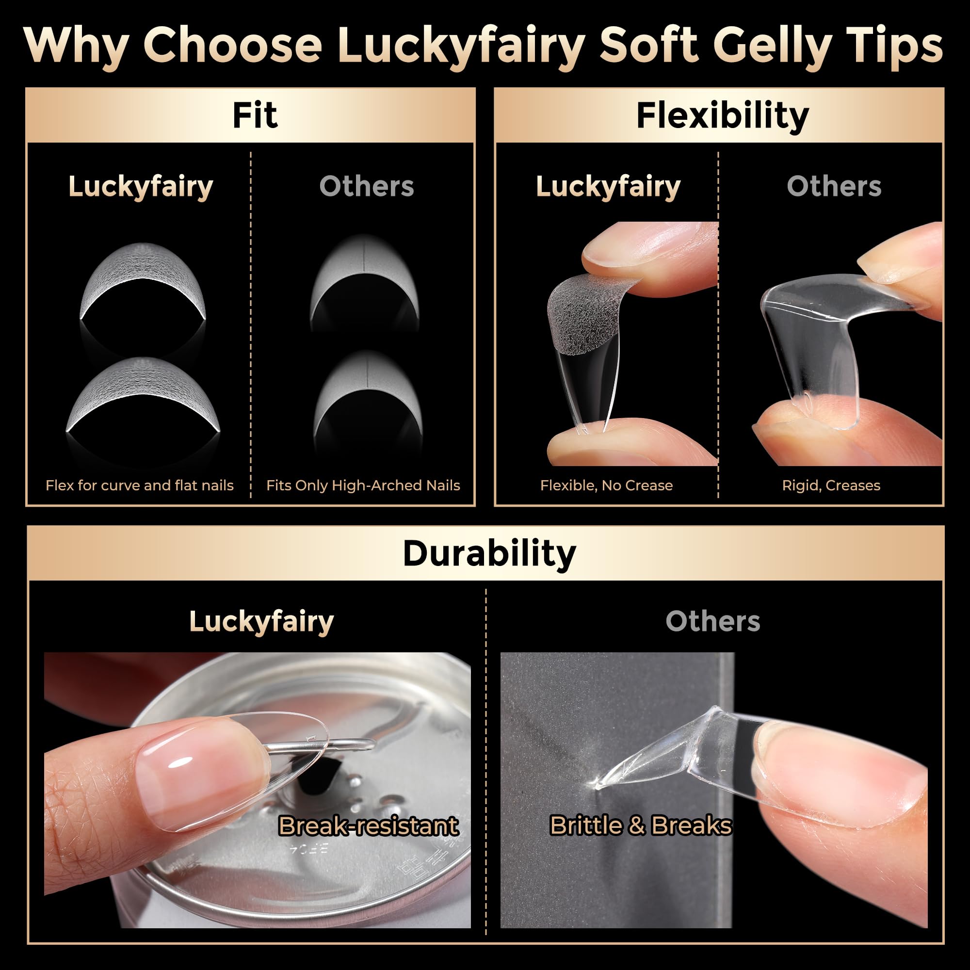 Luckyfairy versatile tips suitable with gel, acrylic, dip powder, and poly gel