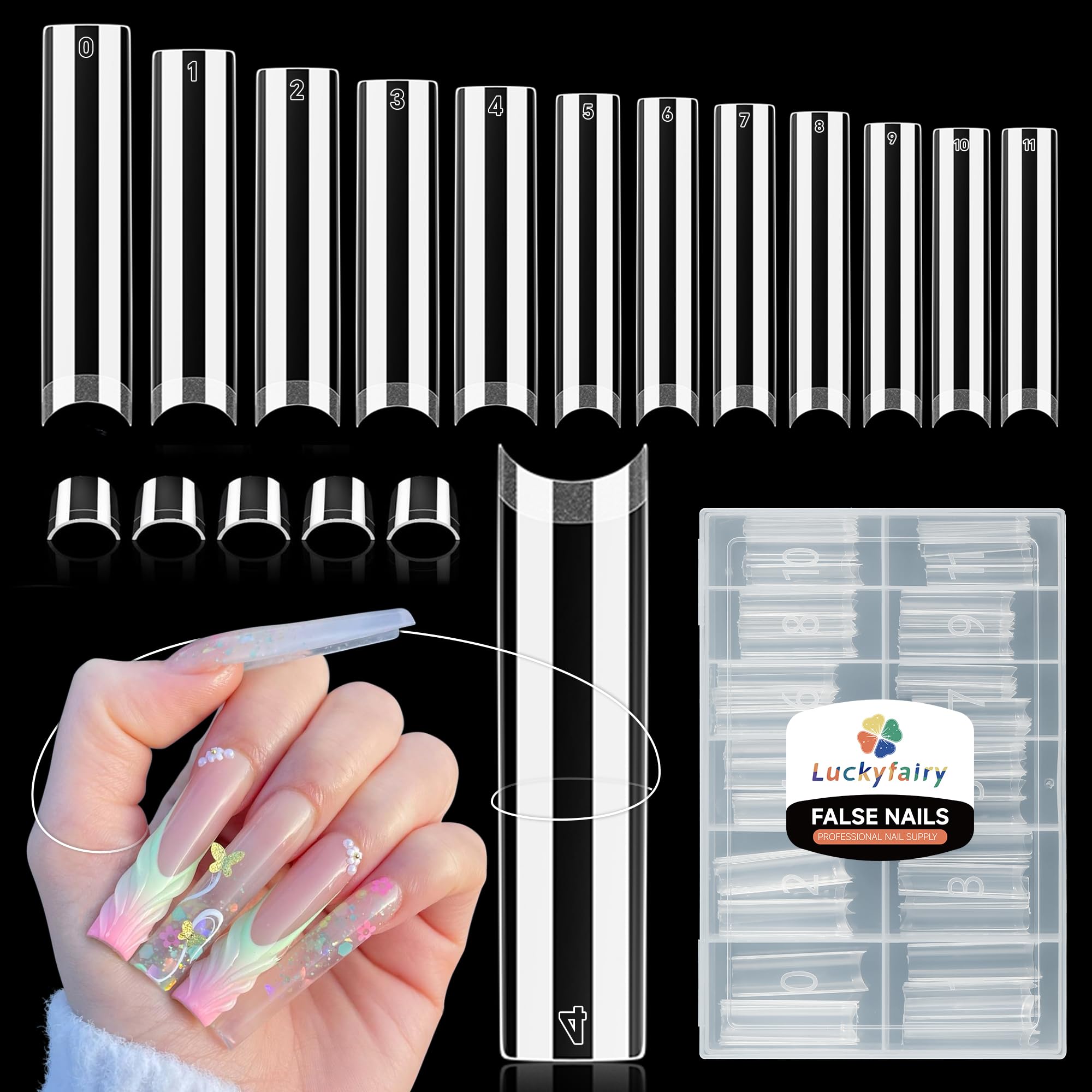 Luckyfairy XXL nail tips square pack with 120 tips in 12 sizes for DIY nails.