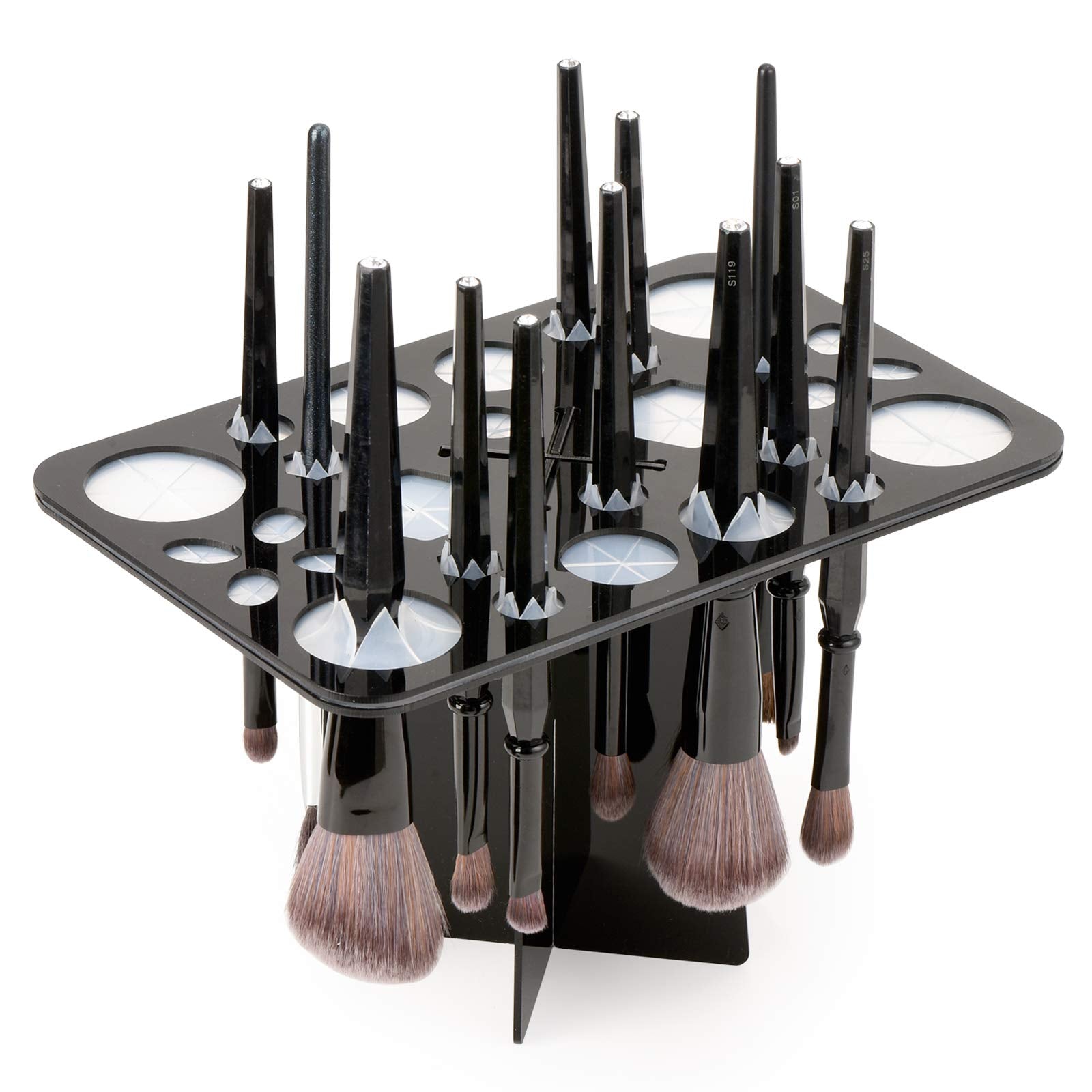 Luckyrien acrylic drying rack with 28 slots keeps brushes organized for air-drying.