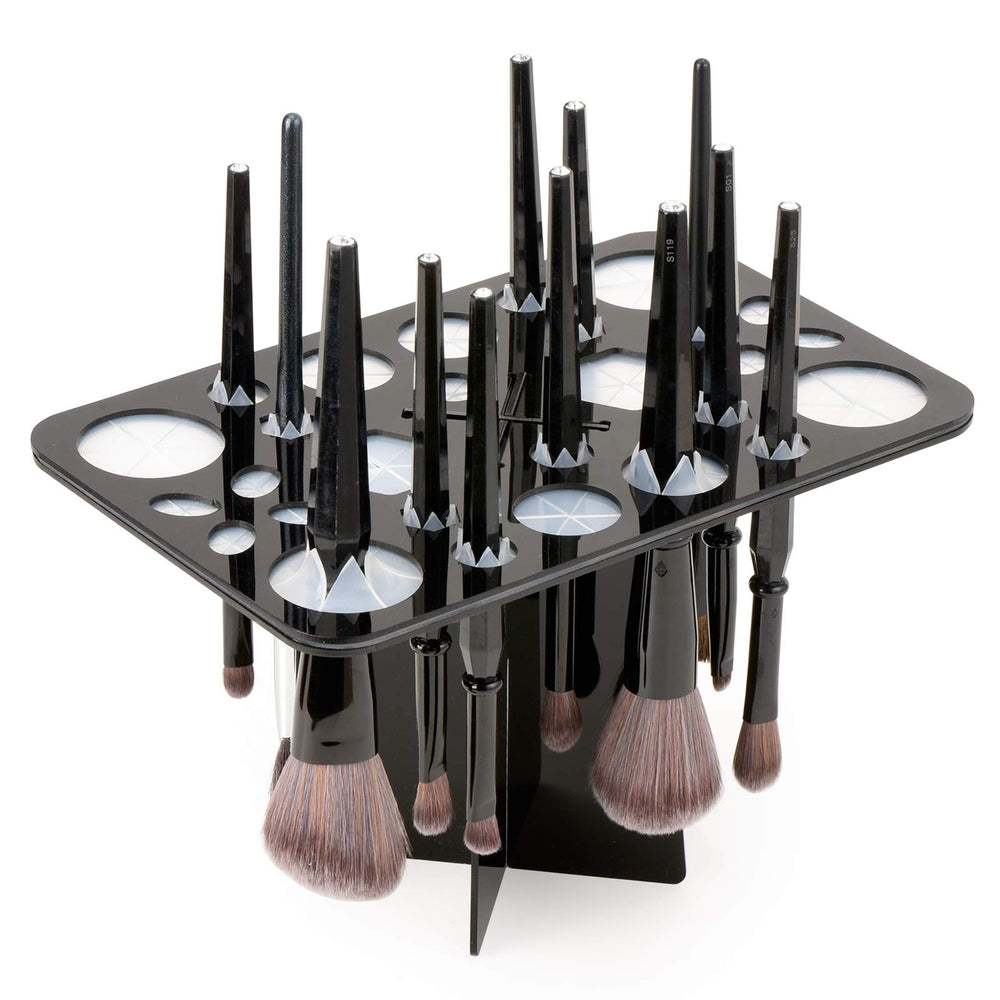 Luckyrien acrylic drying rack with 28 slots keeps brushes organized for air-drying.