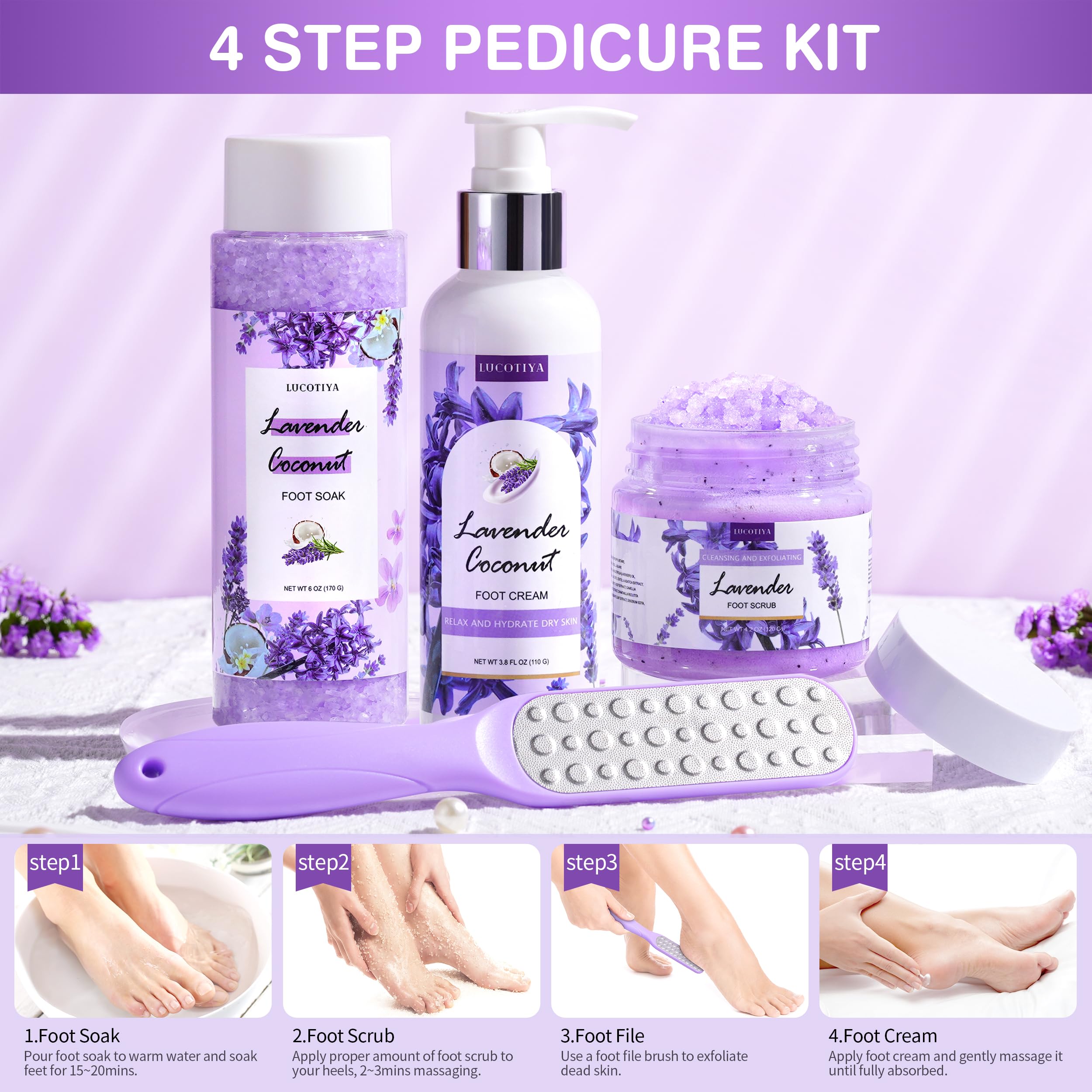 Lucotiya coconut lavender soak scene emphasizing hydrating, relaxing foot bath
